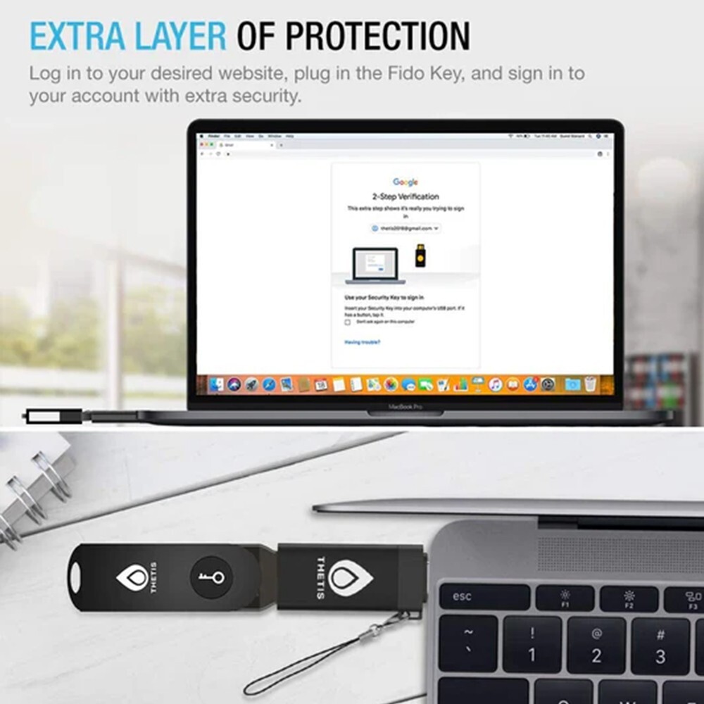 Thetis FIDO2 Security Key – Passkey, USB-A & USB Type C Adapter