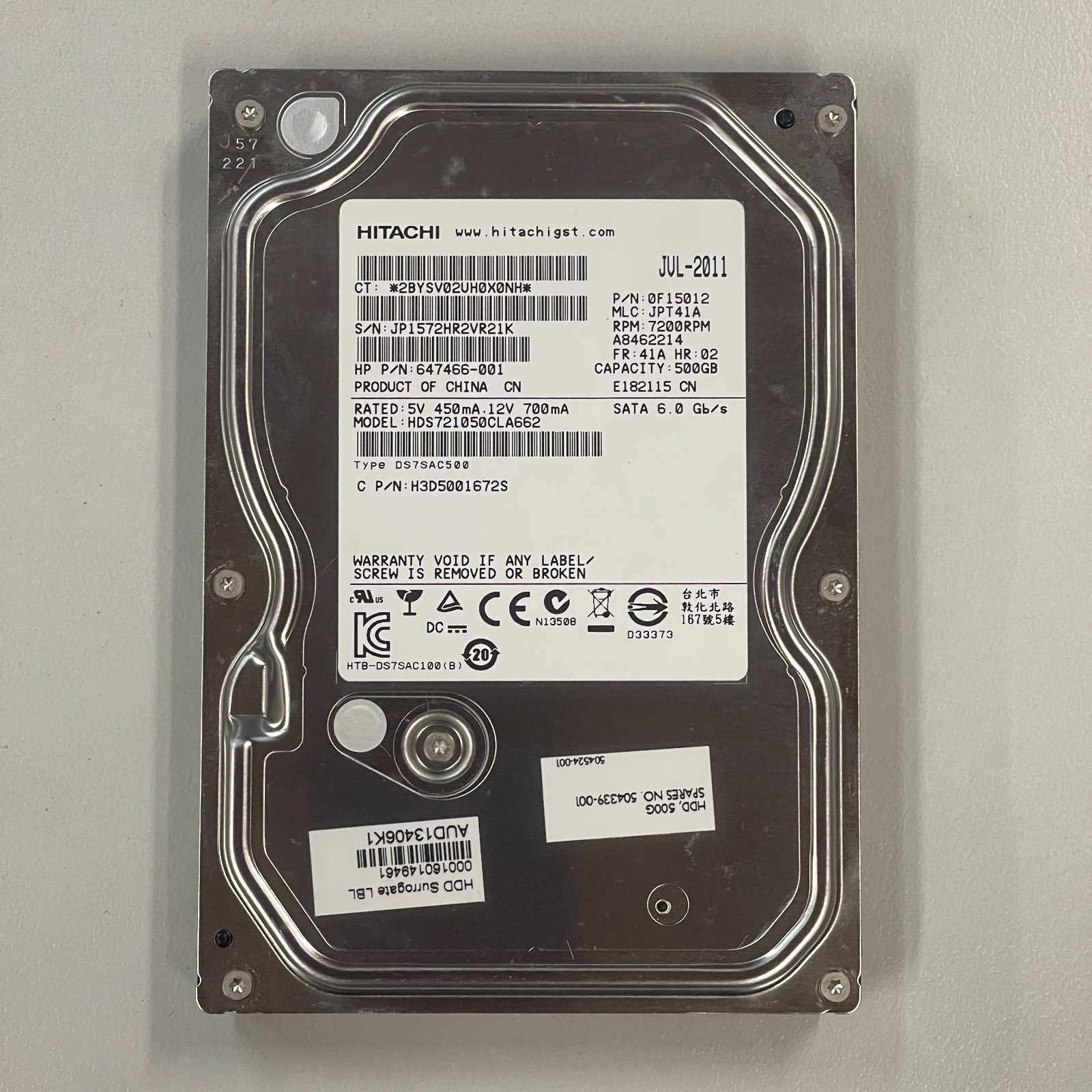 Hitachi 500GB 3.5″ SATA HDD 7200RPM 16MB Cache HDS721050CLA662 HP 647466-001 PC
