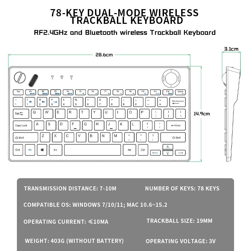 78 Keys Dual Mode Wireless Trackball Keyboard, Bluetooth 5.0 & 2.4G Wireless …