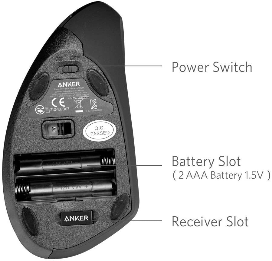 Anker 2.4G Wireless Vertical Ergonomic Optical Mouse 5 Buttons 800/1200/1600 DPI
