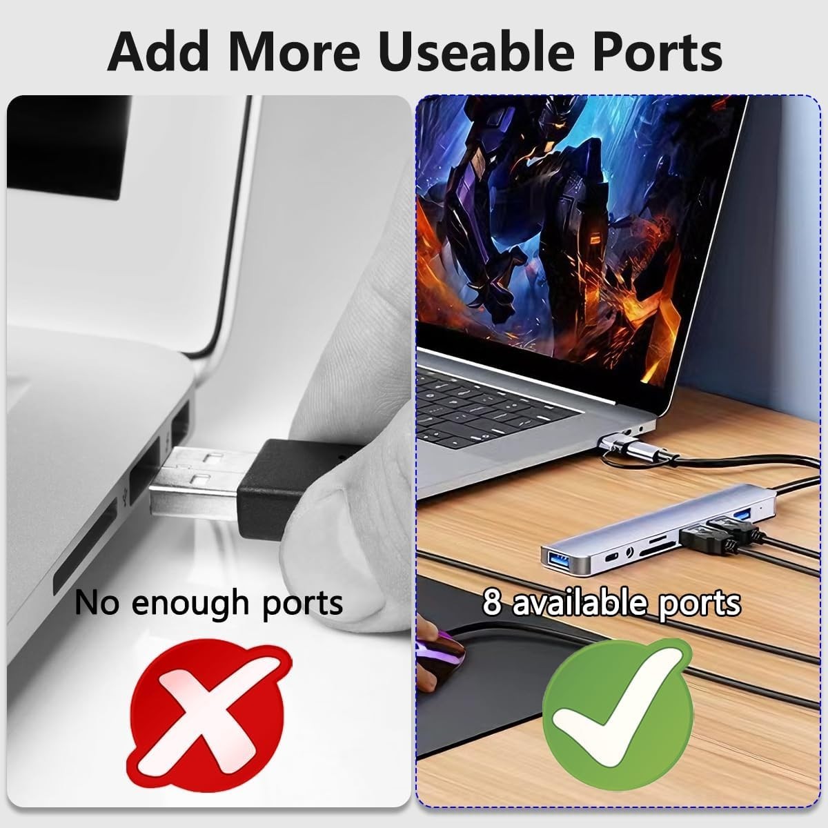 Stylish USB 3.0 Hub with SD Card Reader – 8-Port Multiport Dongle for Mac & PC