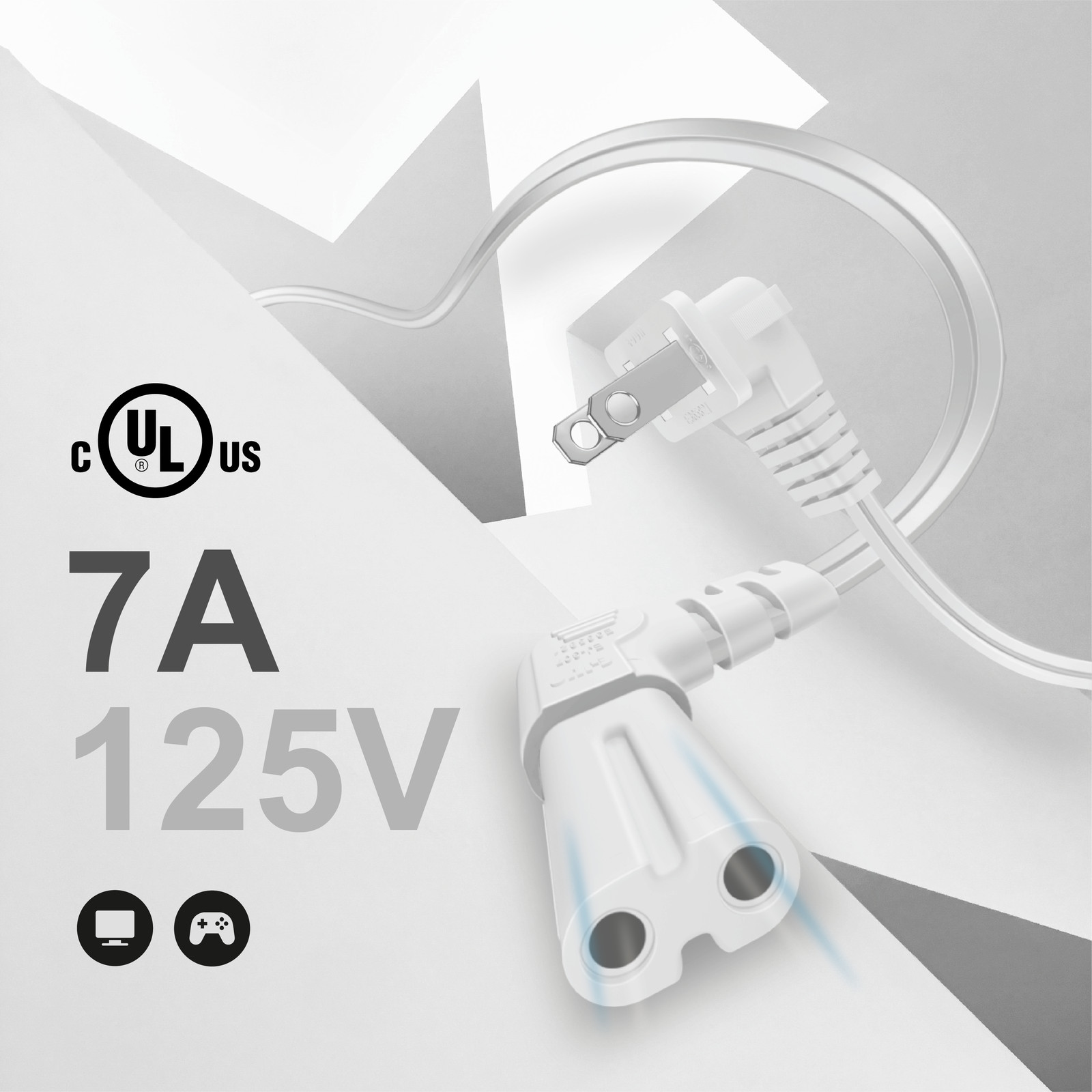 2 Prong Power Cord NEMA 1-15P to IEC320 C7 Right Angle Power Cable, 10ft, White
