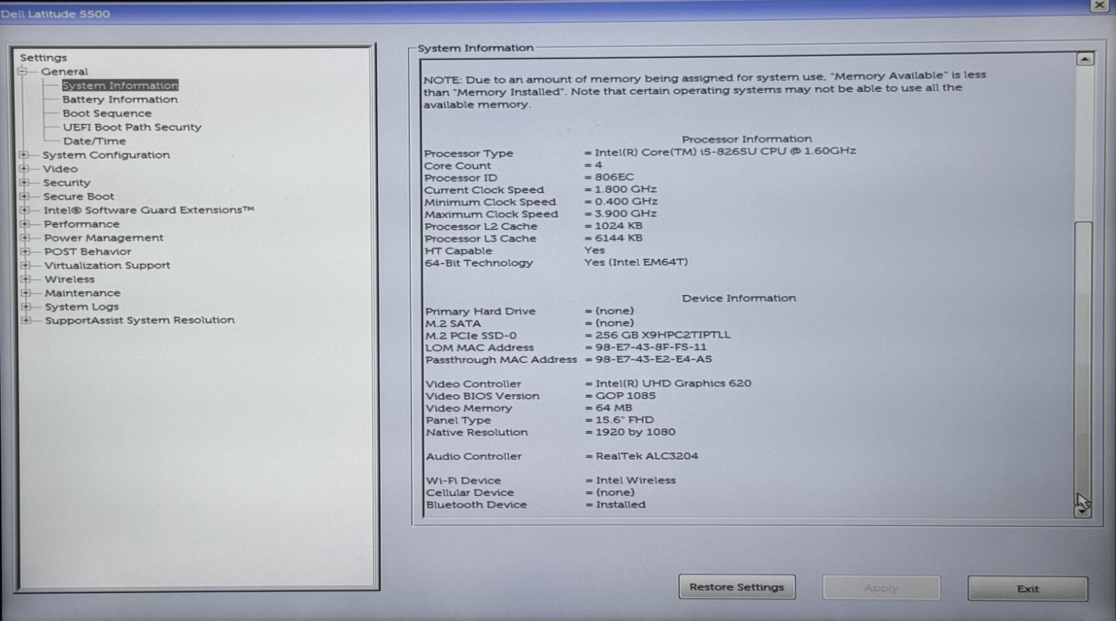 Dell Latitude 5500 15.6″ FHD i5 8265U 1.6 GHz 16Gb Ram 256 GB NVMe Win11 Pro