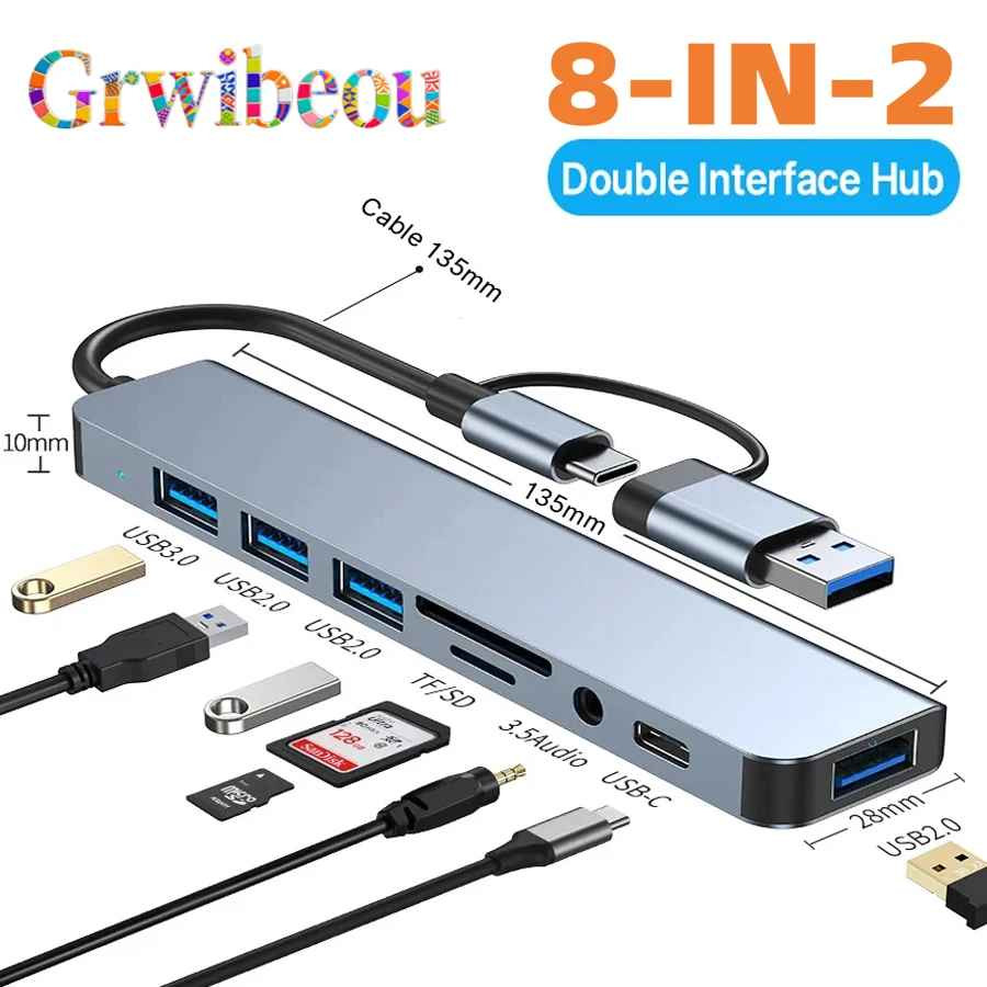 8-in-2 USB C Hub Dock SD TF Card Reader USB 3.0 Splitter Adapter for Laptop PC