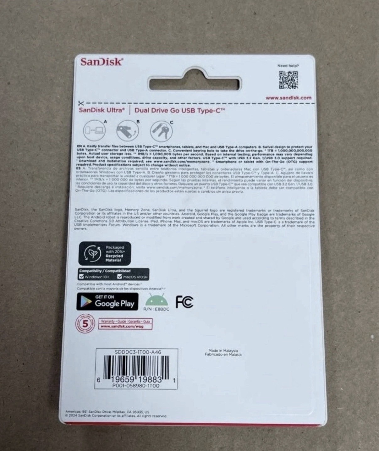 SANDISK ULTRA DUAL DRIVE GO 1TB USB TYPE-C FLASH DRIVE (SDDDC3-1T00-A46) NEW.