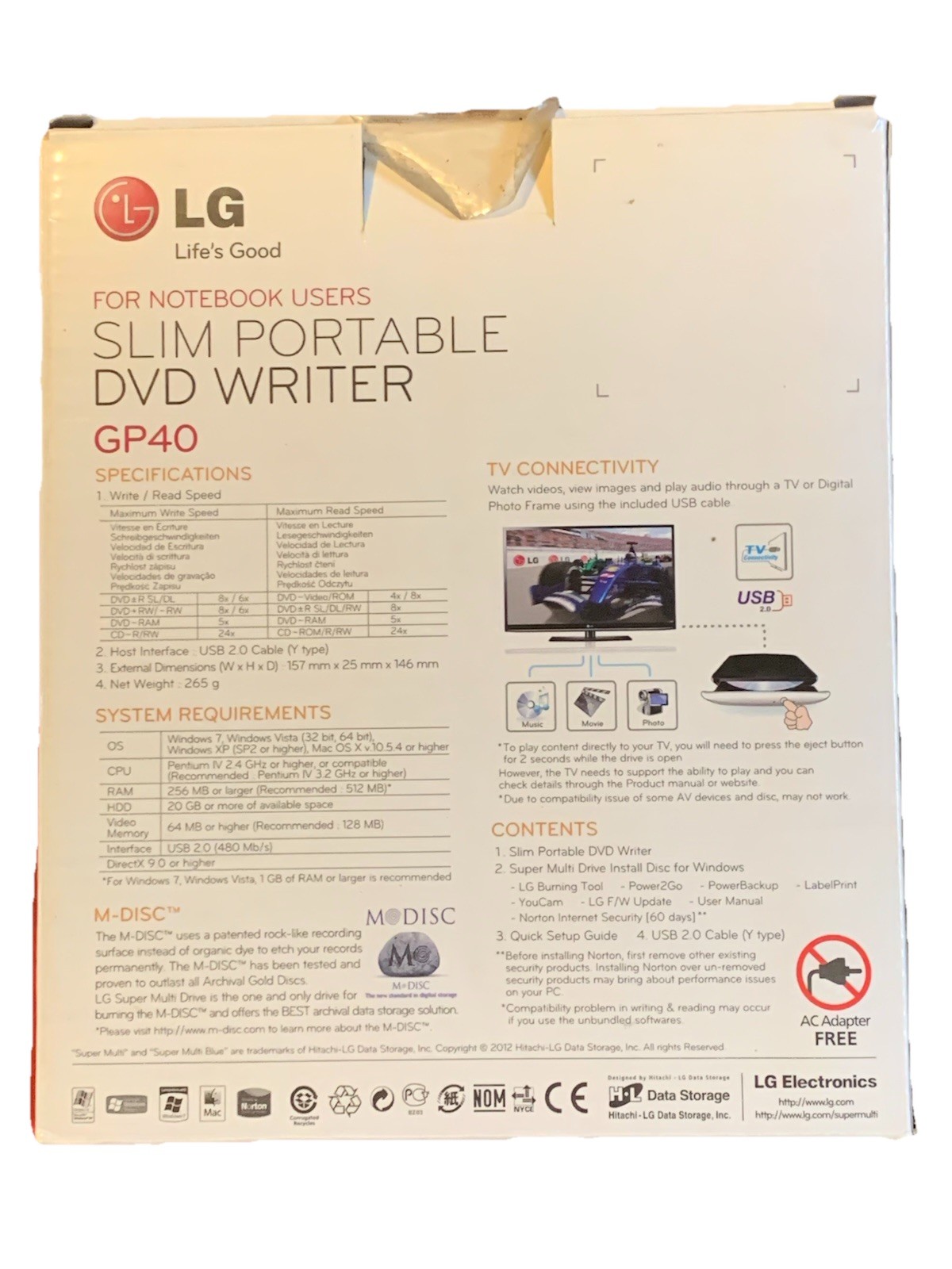 LG Slim Portable DVD Writer GP40 USB External Media Storage TESTED WORKING