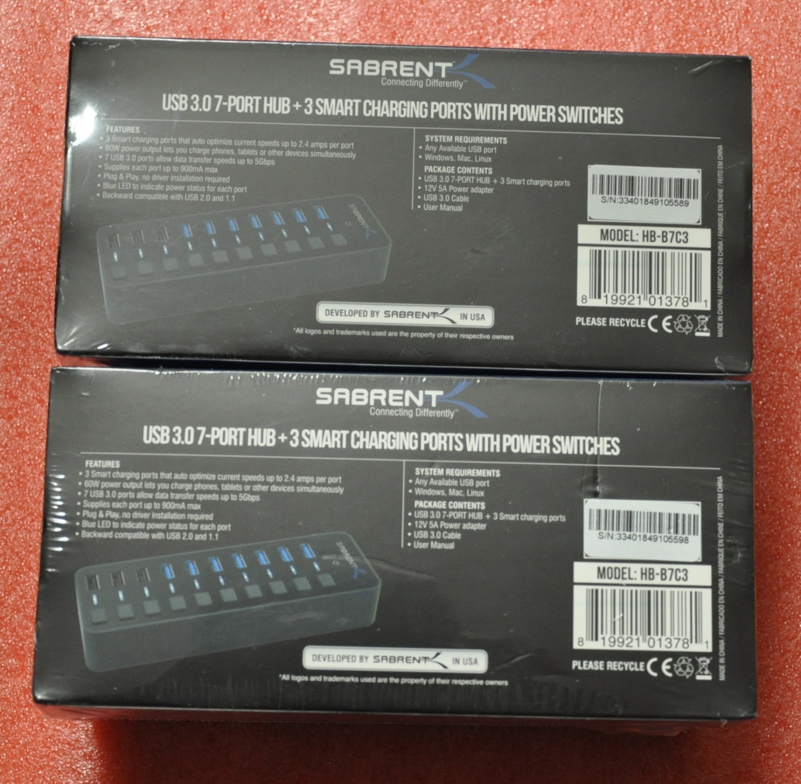 2X Sabrent HB-B7C3 60W 7-Port USB 3.0 Hub + 3 Smart Charging Ports with Power…
