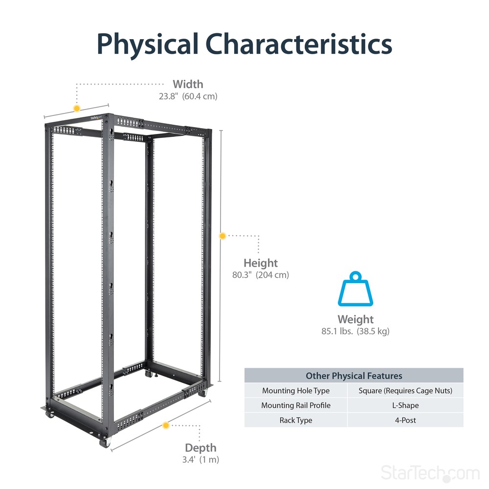 Startech 4POSTRACK42 42U Open Frame Server Rack Adjustable Mounting Depth