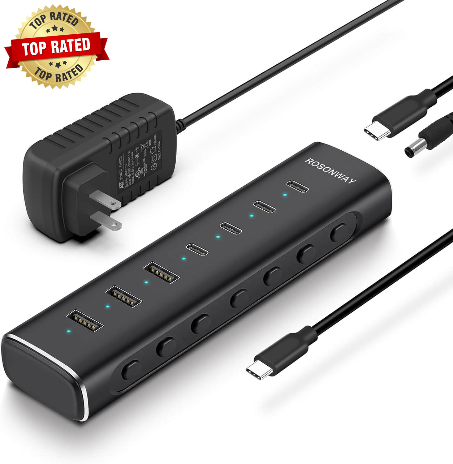 7 Ports Powered USB 3.2/USB C Hub 10Gbps with 4 USB-C 3.2, 3 USB-A 3.2 Ports, 3.