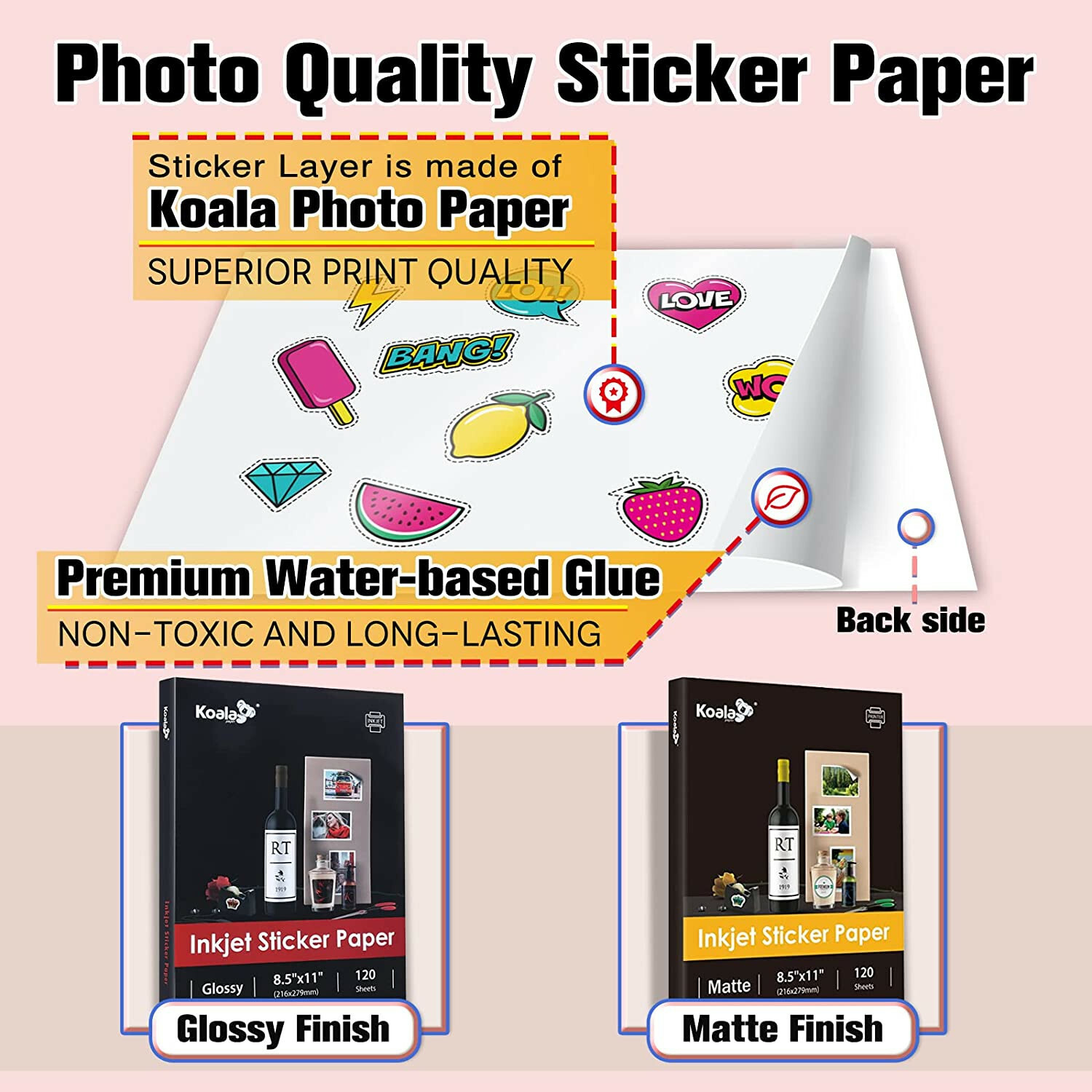 Koala Glossy Sticker Paper for Inkjet, Adhesive Photo Paper 8.5×11 100 Sheets