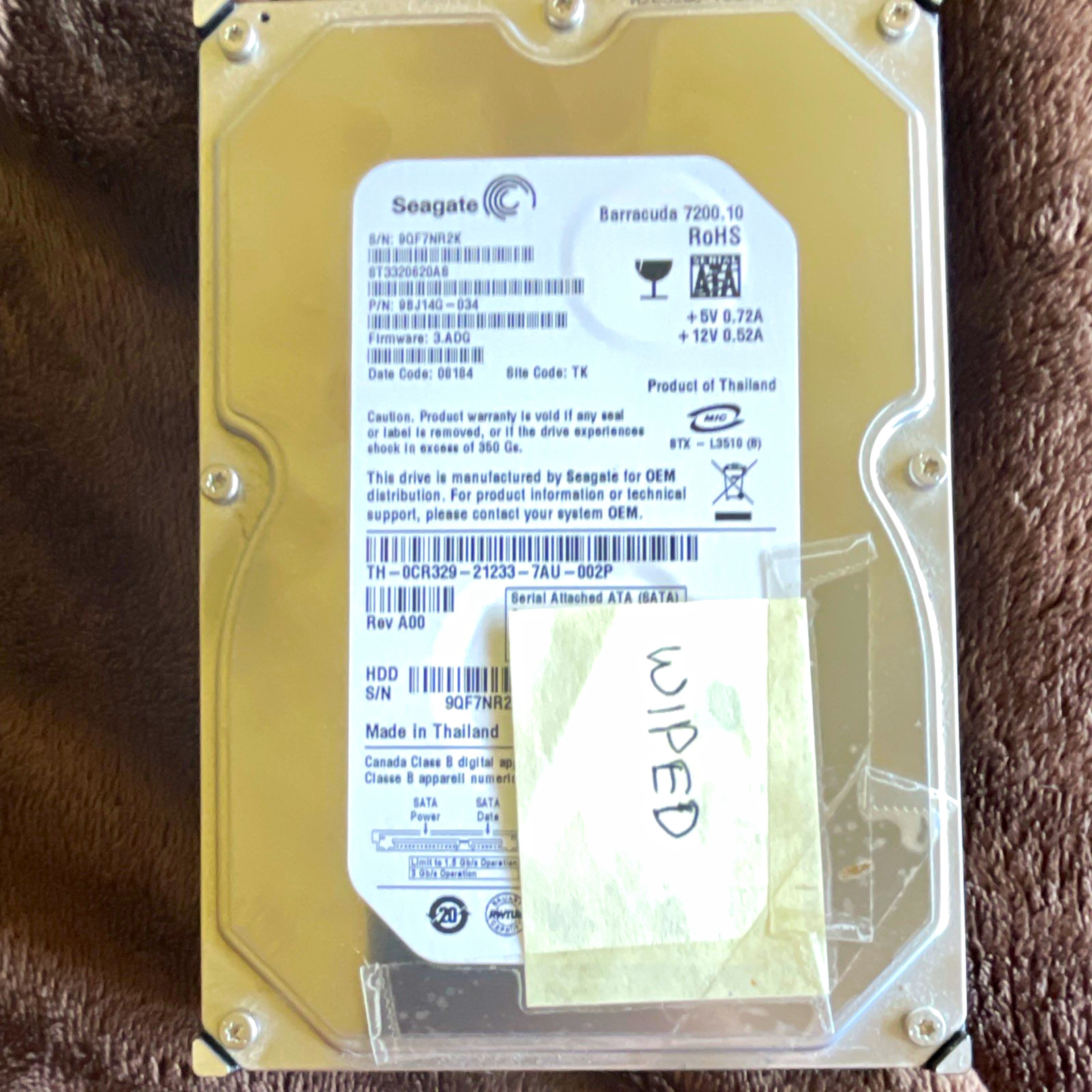 Seagate Barracuda7200.10 320GB7200RPM 8MB 3.5″ SATA HDD ST3320620A possiblWiped
