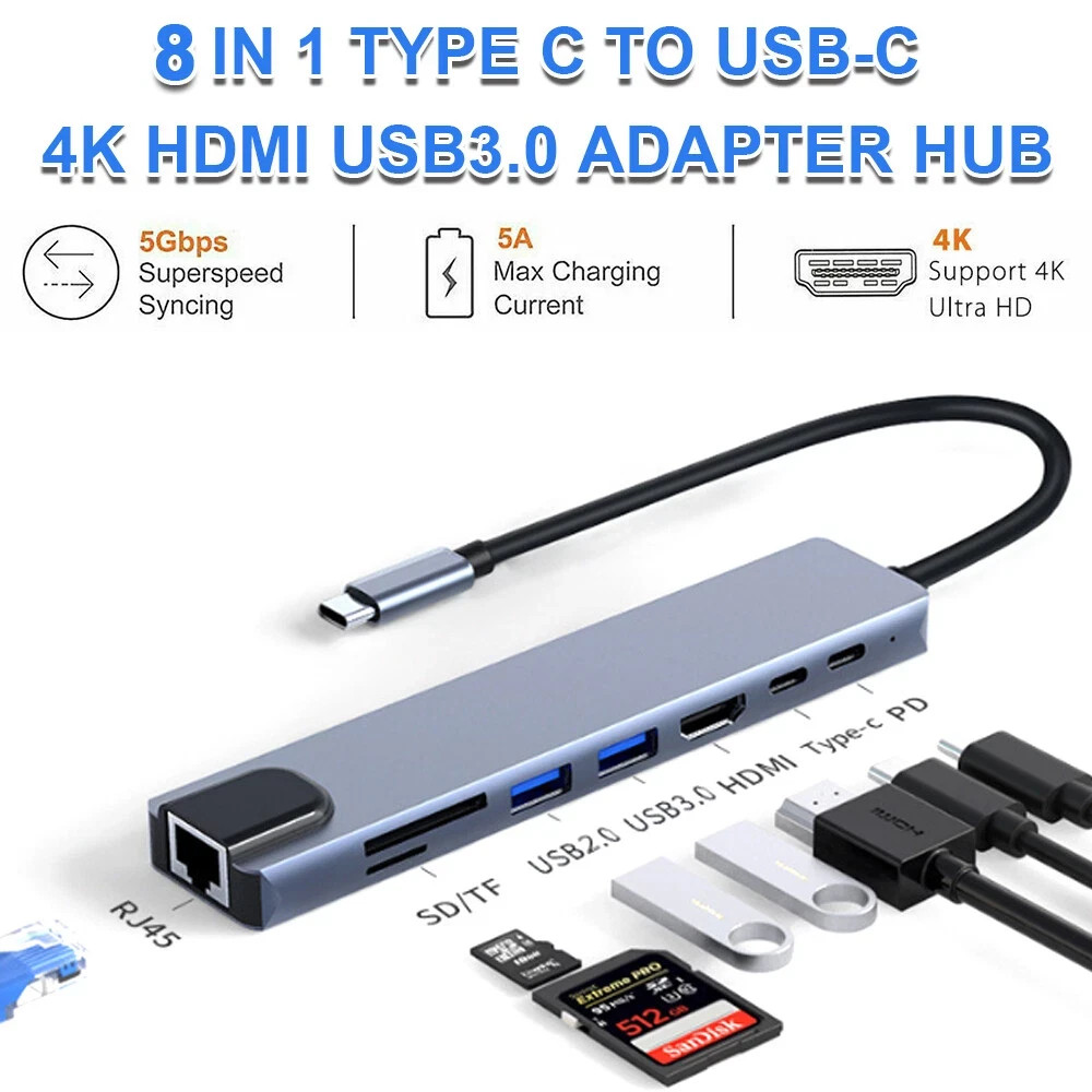 8 in 1 USB-C Hub Type C To USB 3.0 4K HDMI PD Adapter For iPhone Macbook Pro/Air