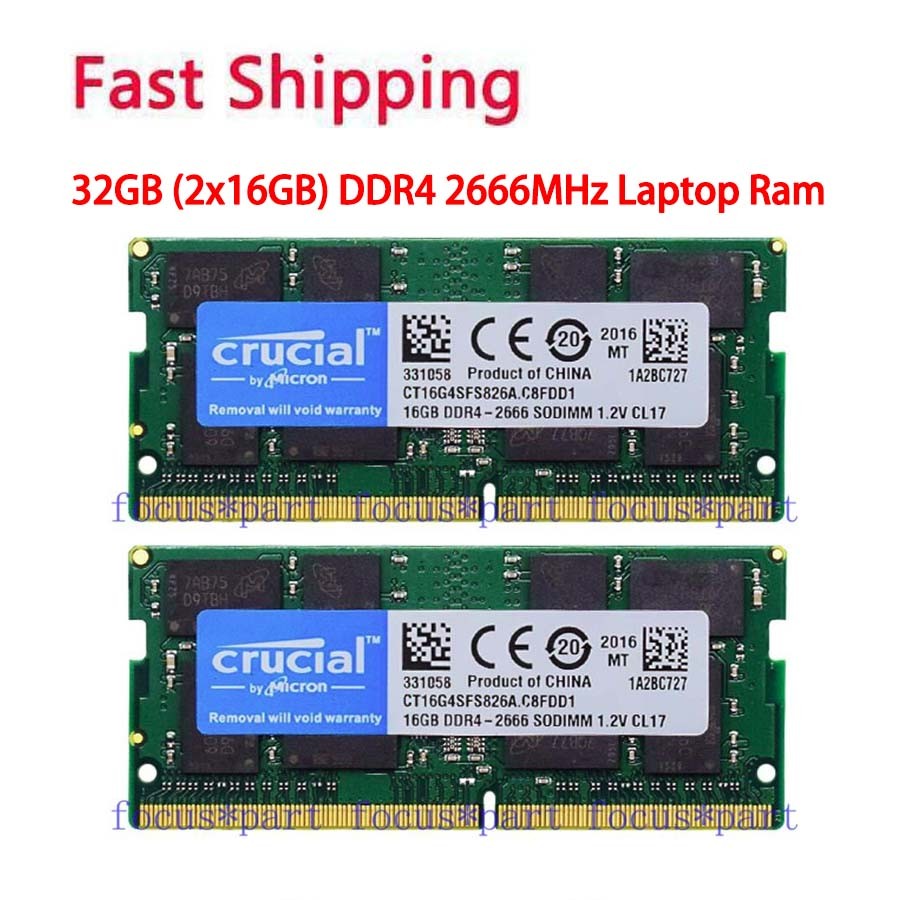 Crucial 32GB=2x16GB Ram DDR4 2666 MHz PC4-21300 SO-DIMM Laptop Memory 260-Pin