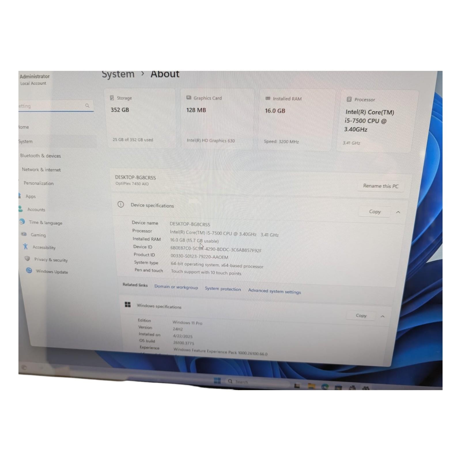 Dell OptiPlex 7450 AIO 23″ Core i5-7500 3.4GHz 16GB RAM 256GB SSD Win 11 Pro