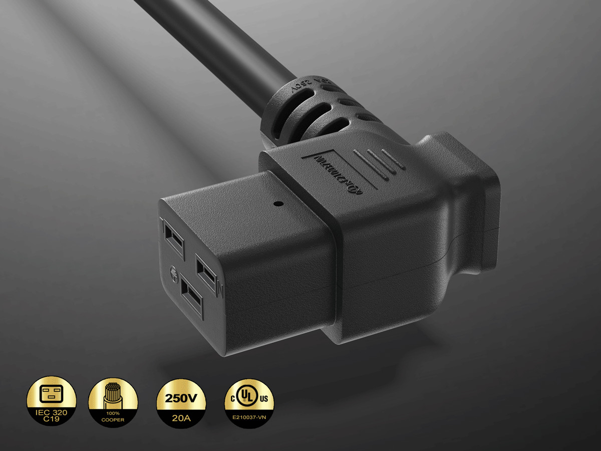 3ft C20 to Right Angle C19 Power Cord 12AWG 20A/250V SJT UL, Black