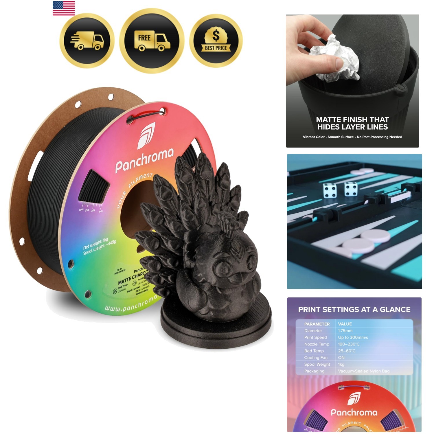 Panchroma Matte PLA Filament 1.75mm, High Speed Charcoal Black PLA 1kg 2.2 lb…