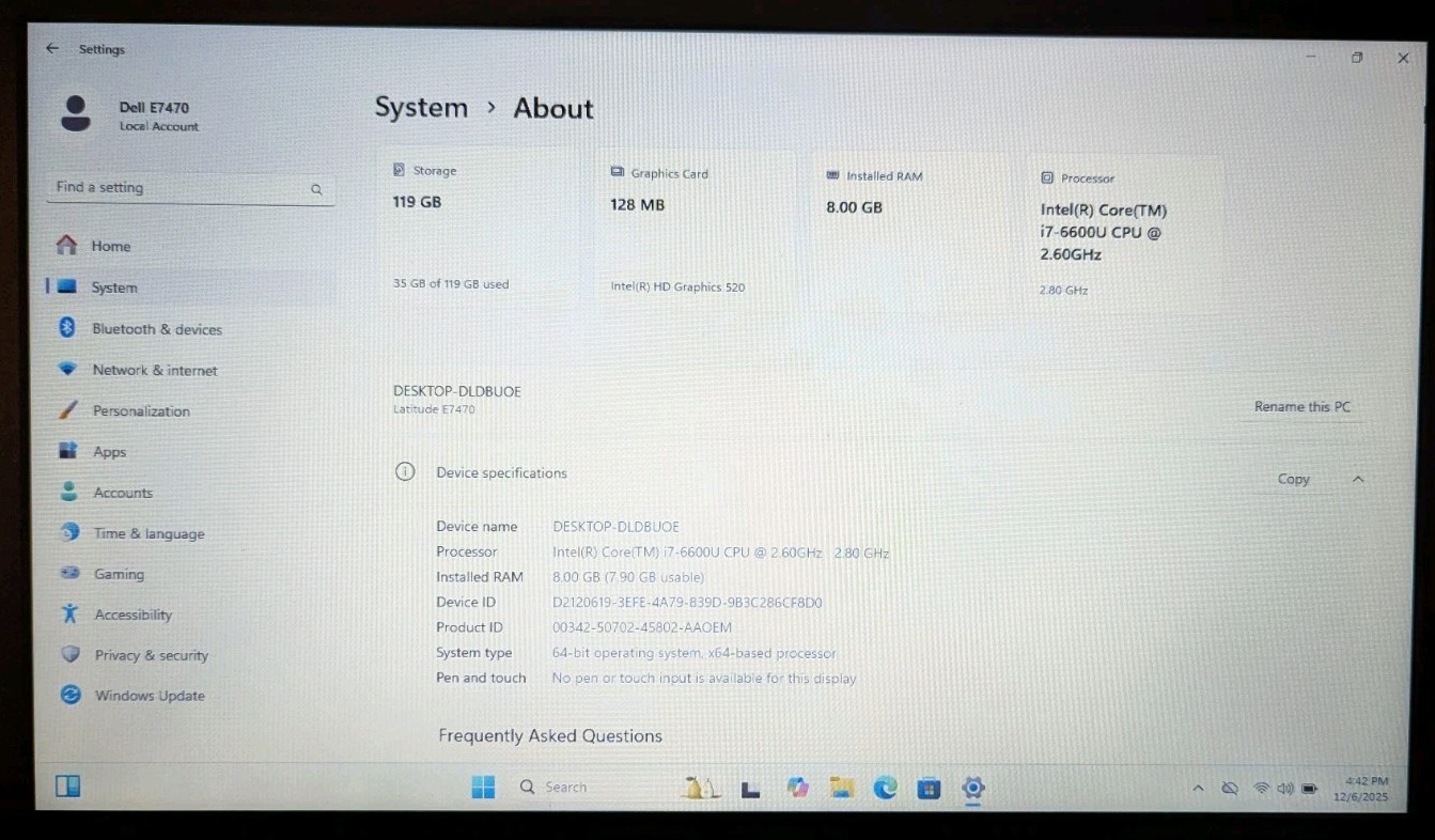 Dell Latitude E7470 14″ Laptop i7-6600U 2.60GHz 8GB RAM 128GB SSD Win 11 Pro