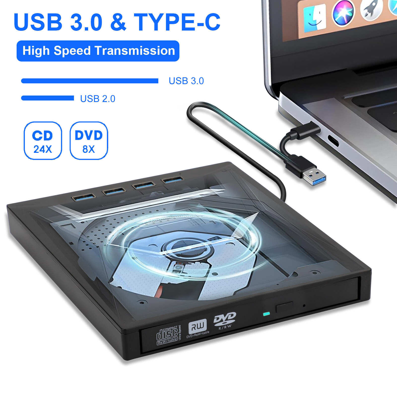 Slim External CD DVD RW Drive USB 3.0 Writer Burner Player Black For Laptop PCS