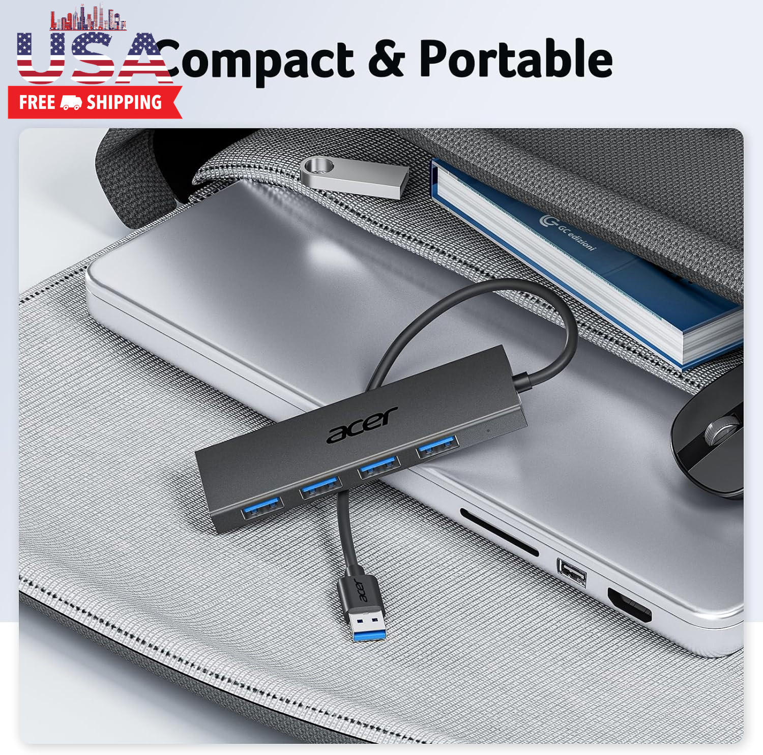 Acer USB Hub 4 Ports, Multiple USB 3.0 Hub, USBA Splitter for Laptop with Type C