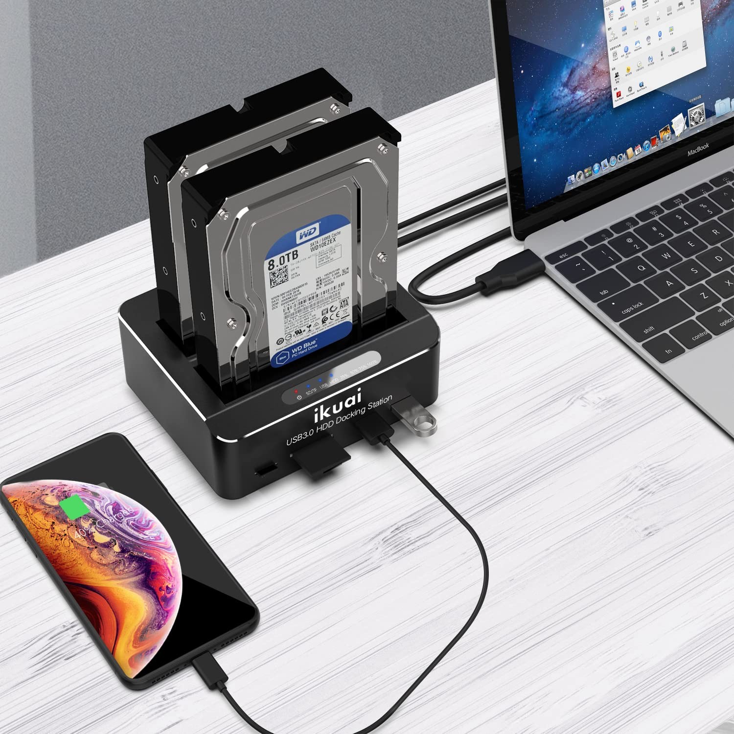 ikuai SATA to USB 3.0 Dual Bay Hard Drive Dock for 2.5/3.5 SATA HDD SSD with Mic