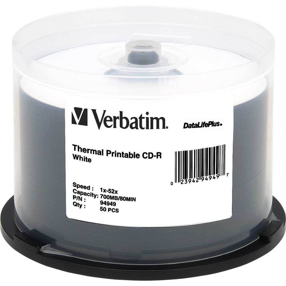 Verbatim 94949 50pk CD-R 52X 700MB 80Min White Thermal Printable