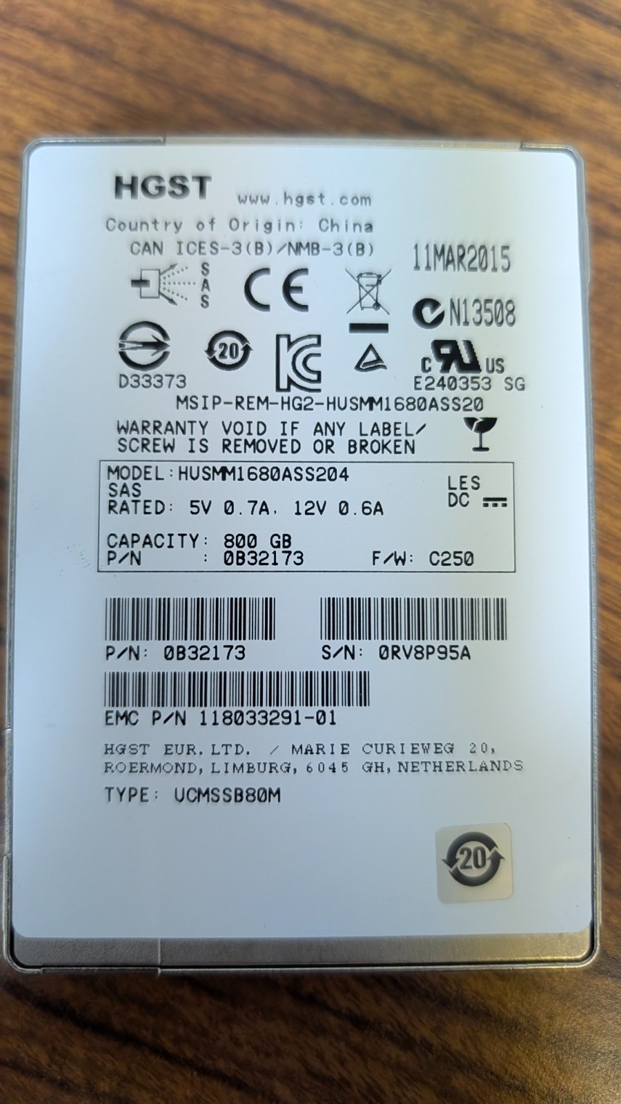HGST 800GB SAS 12Gb 2.5in SSD HUSMM1680ASS204 Write Intensive