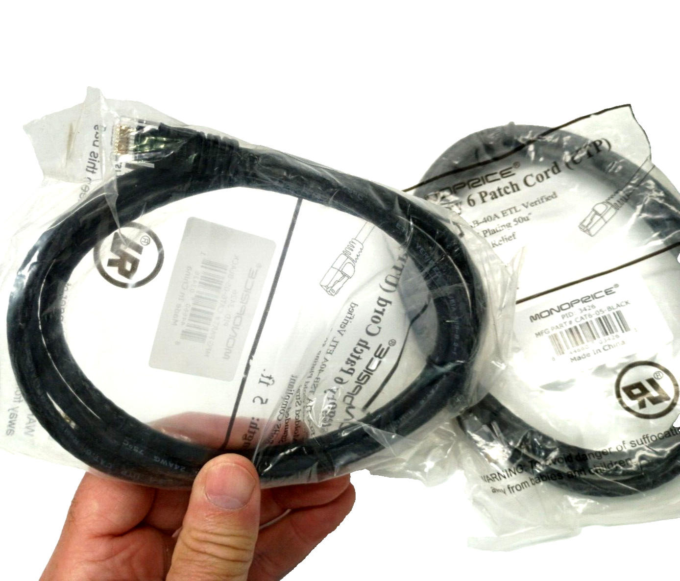 Two Monoprice Cat 6 Ethernet Patch Cables 5 feet gold-plated 50u strands 568B