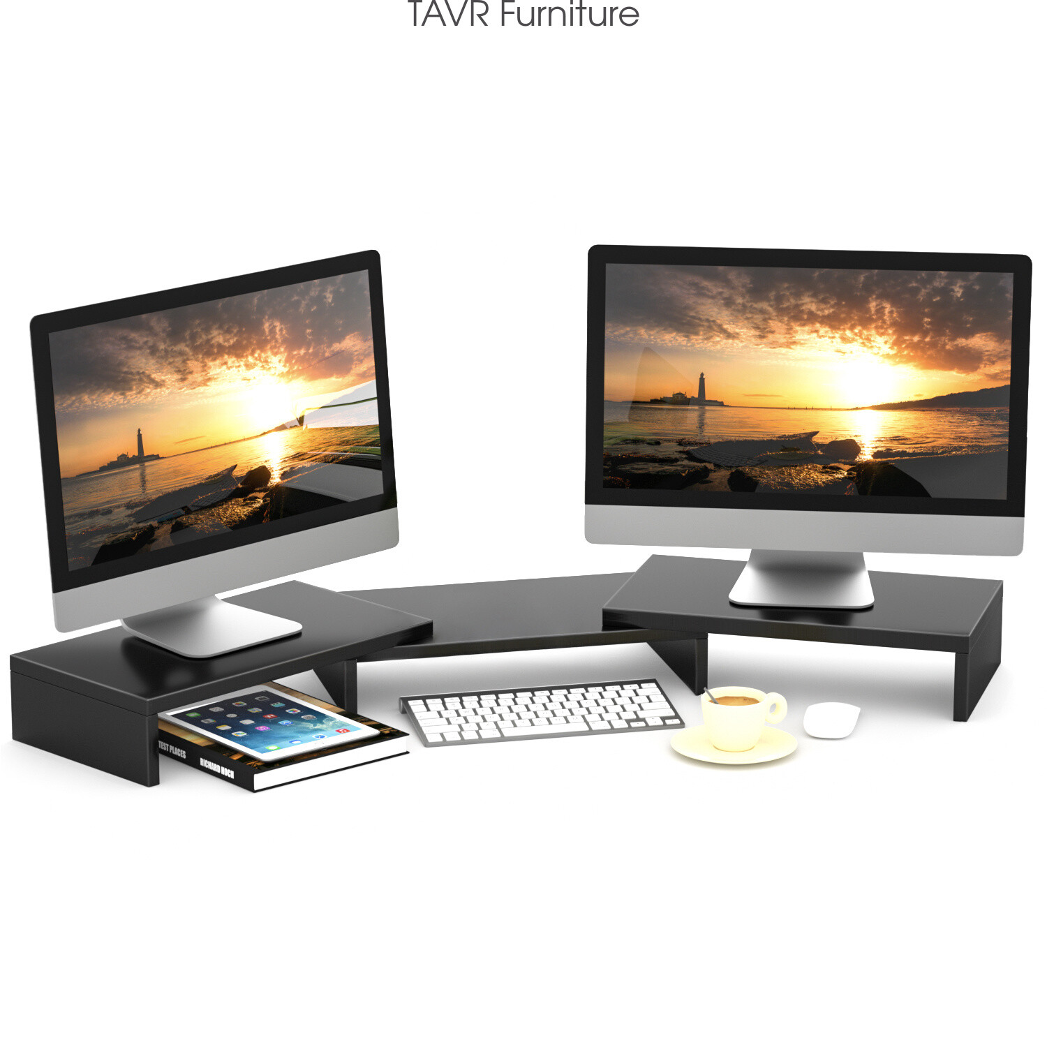 Wood Dual Monitor Stand Risers With Length And Angle Adjustable Three Shelf