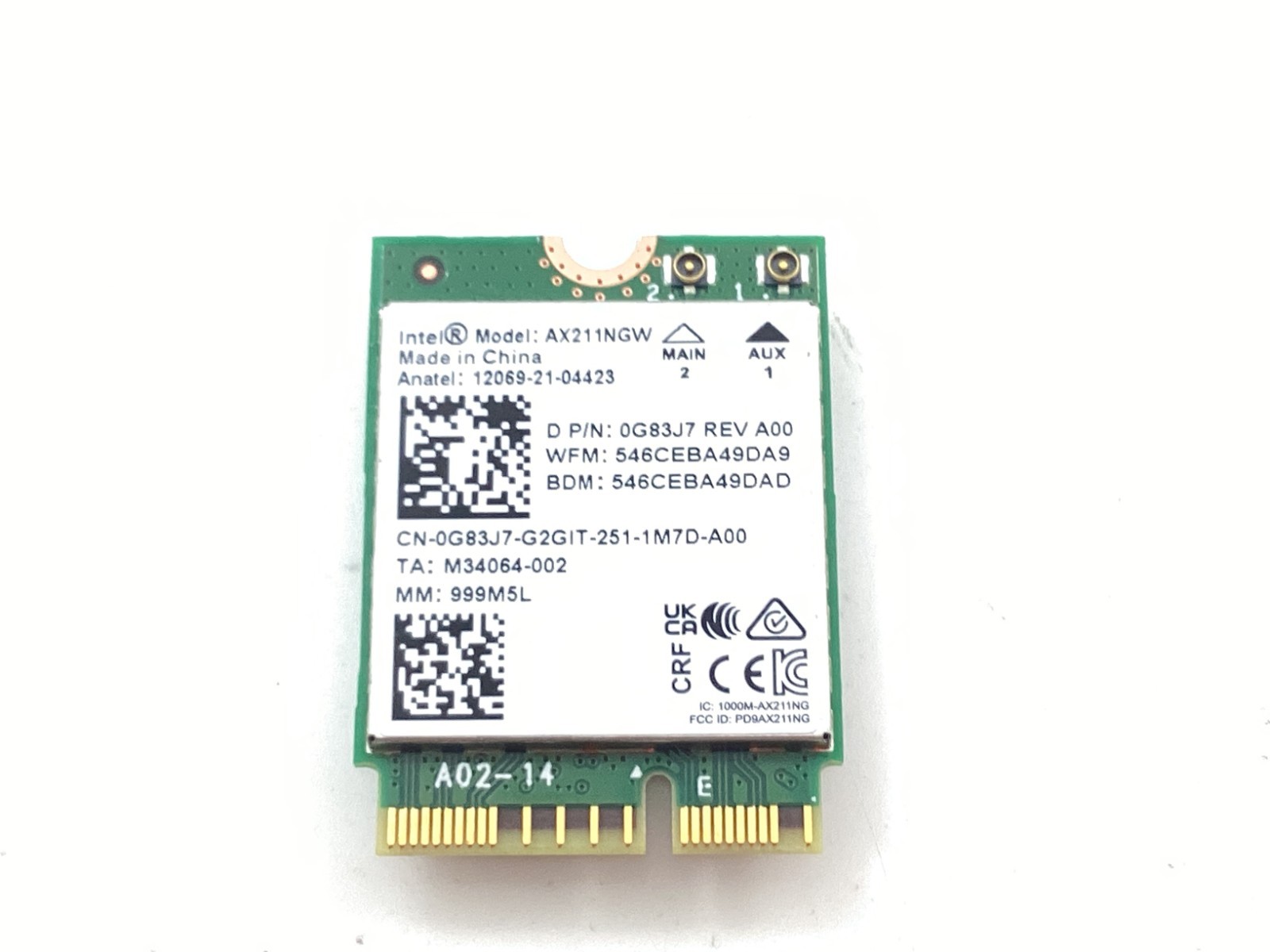Intel Wi-Fi 6E AX211NGW M.2 2230 CNVio2 Key E 802.11ax Wi-Fi Card – 0G83J7