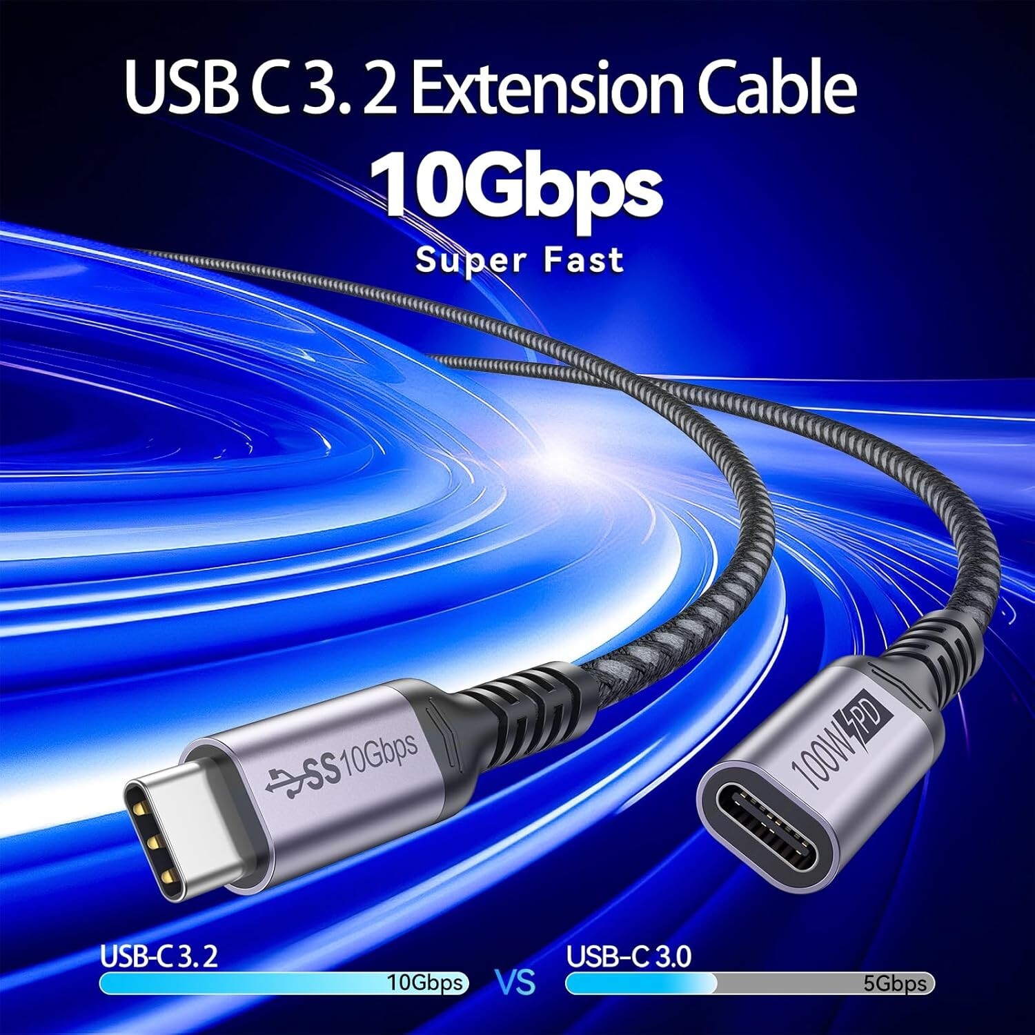 USB-C Type C Extension Cable 3/6 FT/10Gbps Male-Female 100W 5A Fast Charging PD