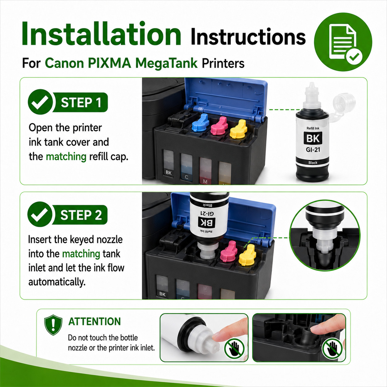 GREENCYCLE GI-21 Ink Refill Bottle Set 4PK for Canon MegaTank G3272 G4270 G3290