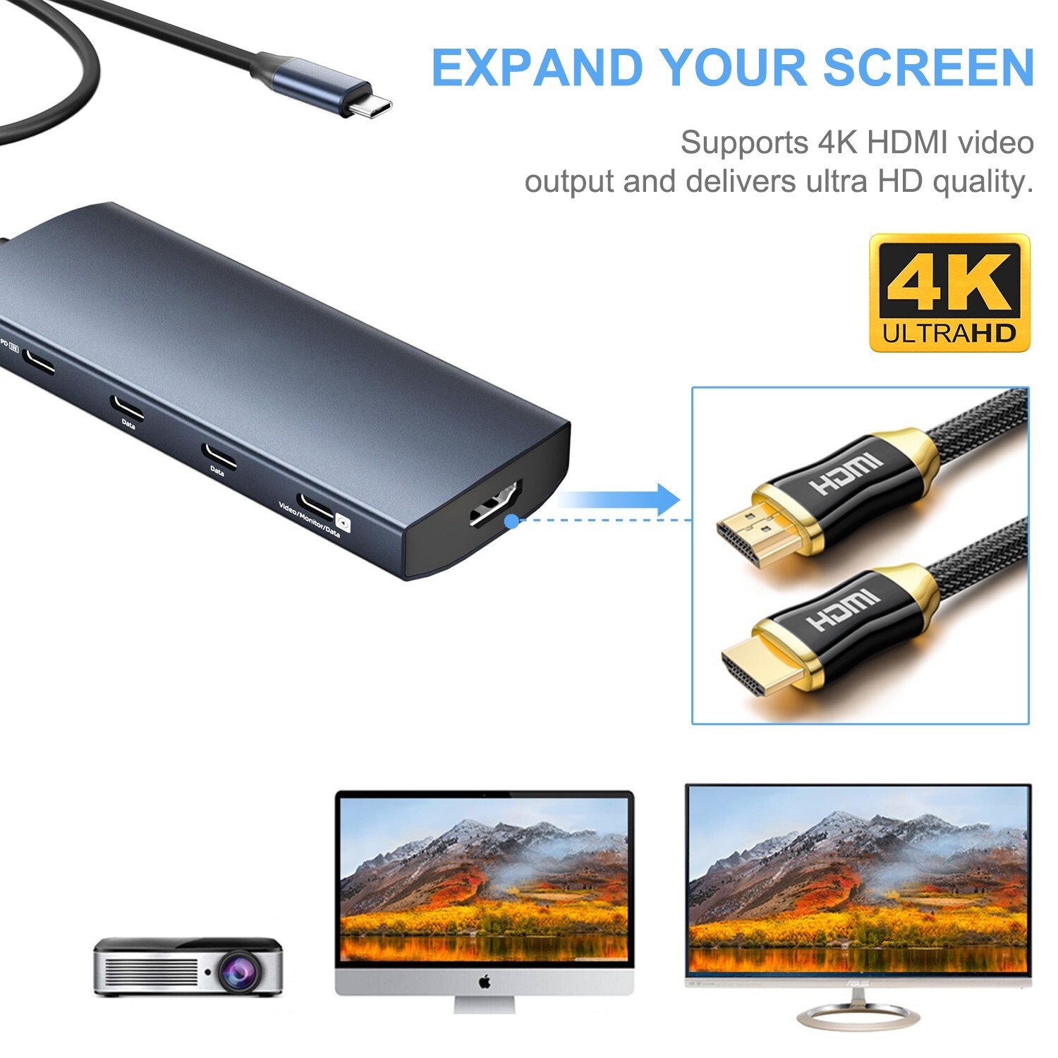 USB Type C Hub to 3*USB 3.1, 4K@60Hz HDMI, 100W PD, USB-A 3.0, SD/TF Card Reader