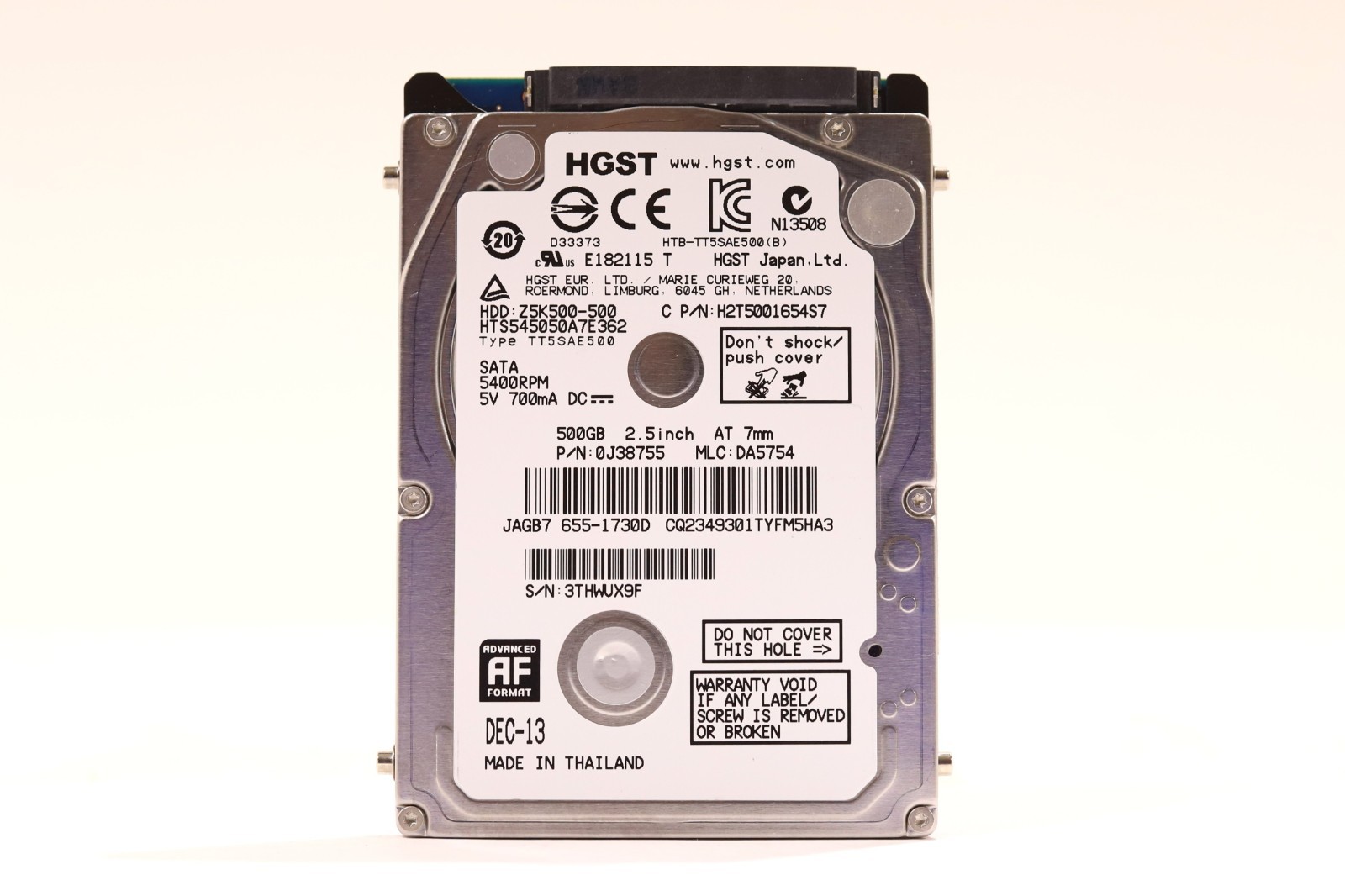 HGST HTS545050A7E362 500GB 2.5″ 3Gb/s 7mm 5.4K RPM SATA Hard Drive P/N: 0J38755