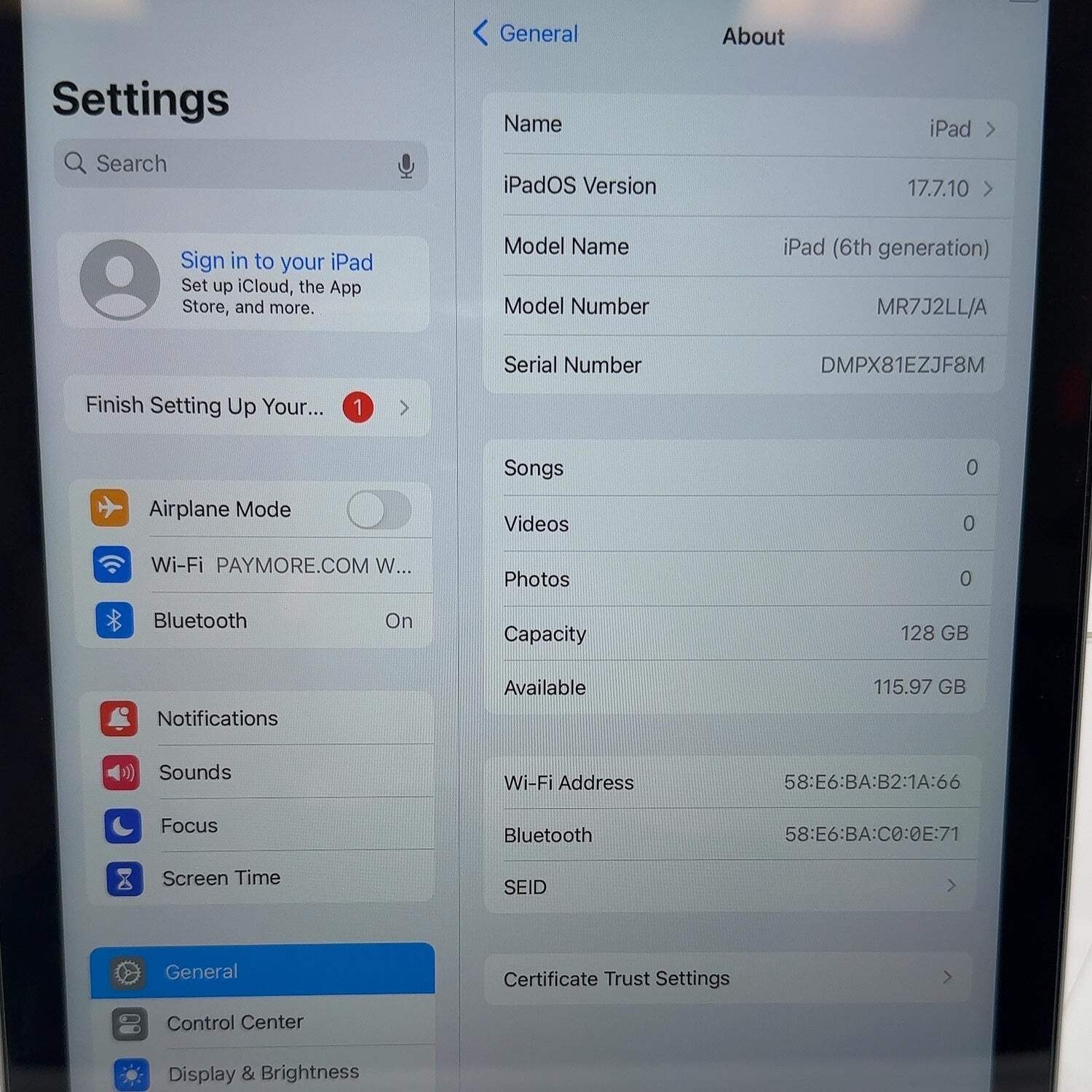 WiFi Only Apple iPad 6th Gen 128GB Space Gray MR7J2LL/A
