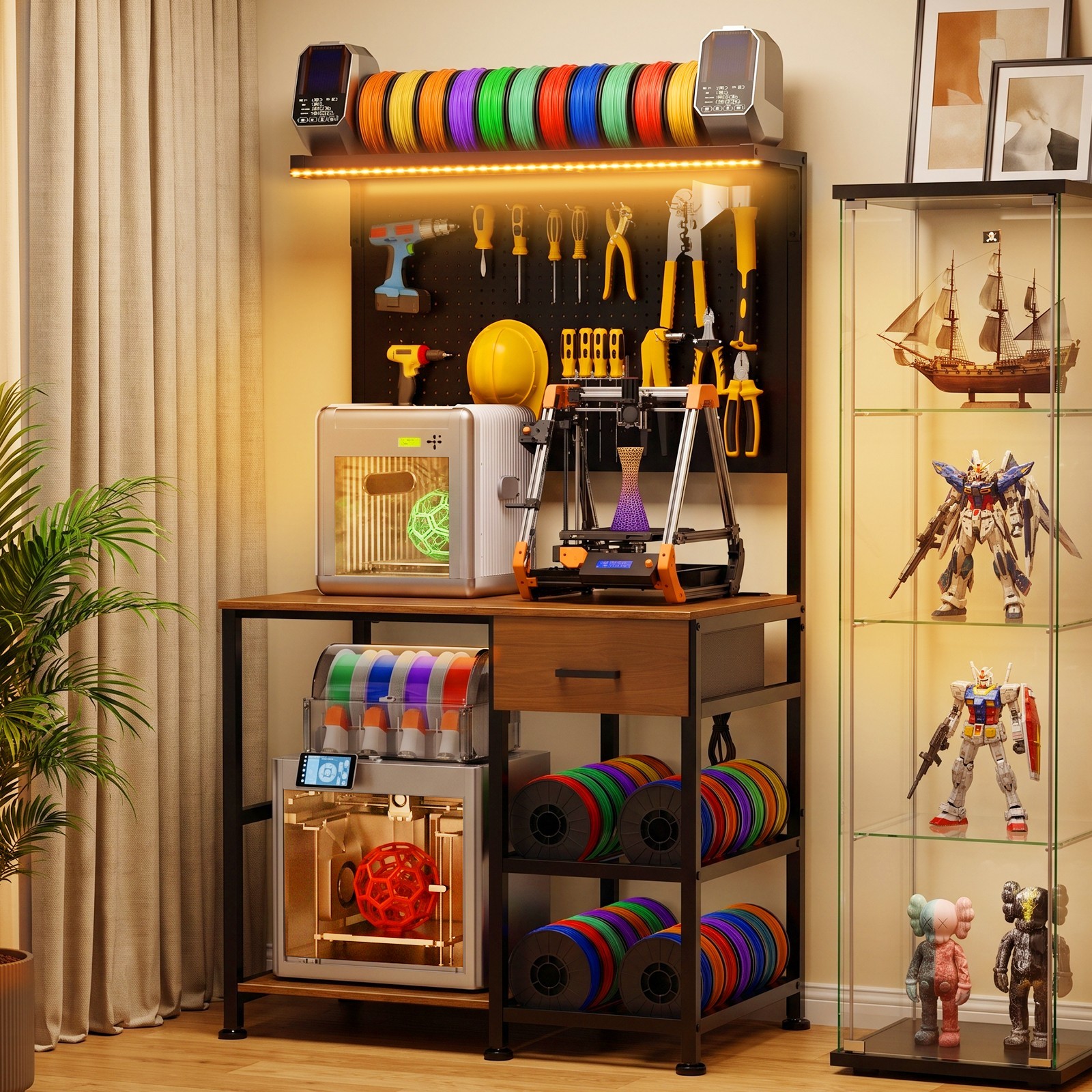 3D Printer Stand Workstation with Charging Station LED Lights Pegboard
