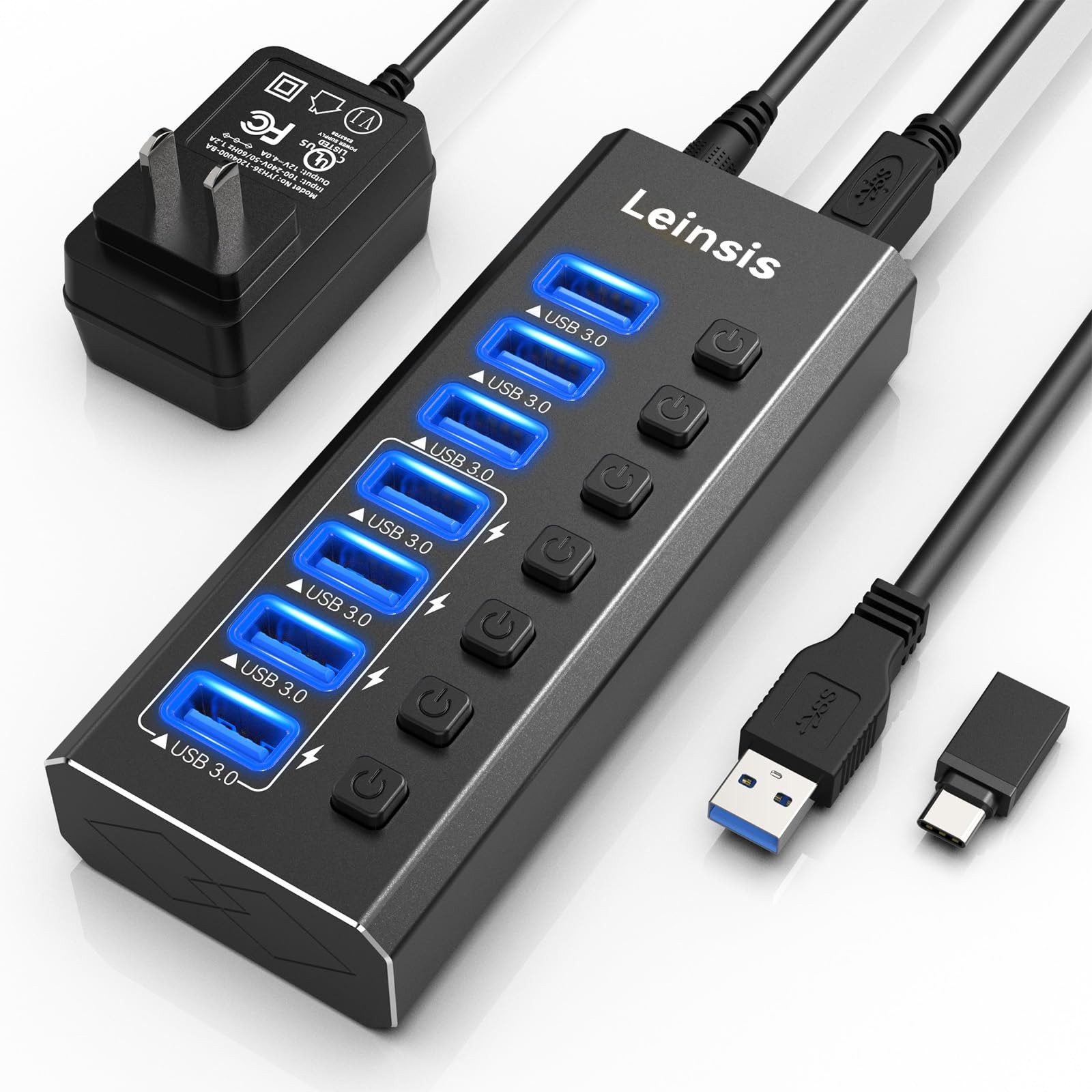 Powered USB Hub 3.0, Leinsis 7-Port 3.0 3.01, Metallic Black