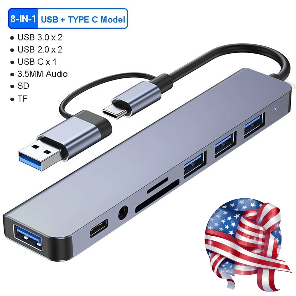 Multi Memory Card Reader 8 in 1 USB Splitter TF/SD Adapter USB C USB Hub 3.0 USA