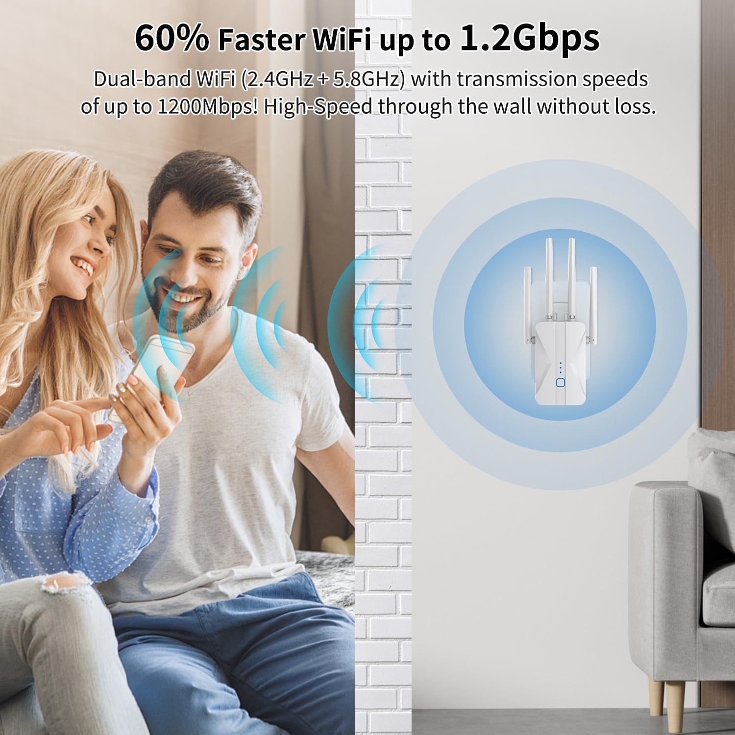 WiFi Extender Signal Booster, 2026 AC1200Mbps Dual Band (5.8GHz/2.4GHz)