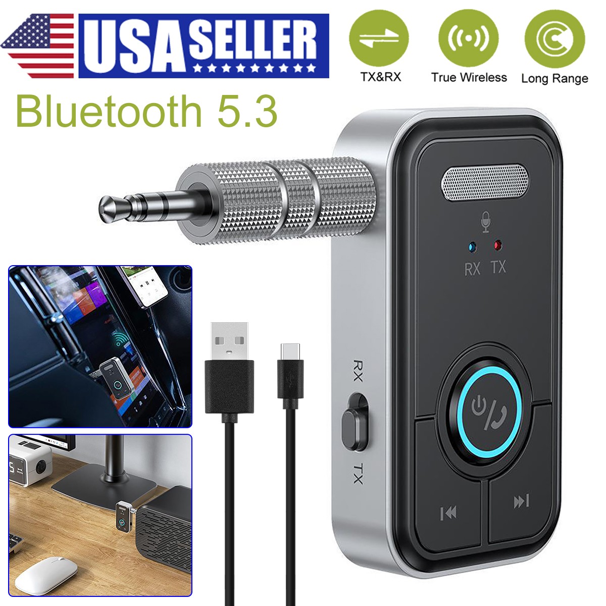 Wireless Bluetooth 5.4 Transmitter Receiver 2-in-1 Adapter Audio 3.5mm Jack Aux