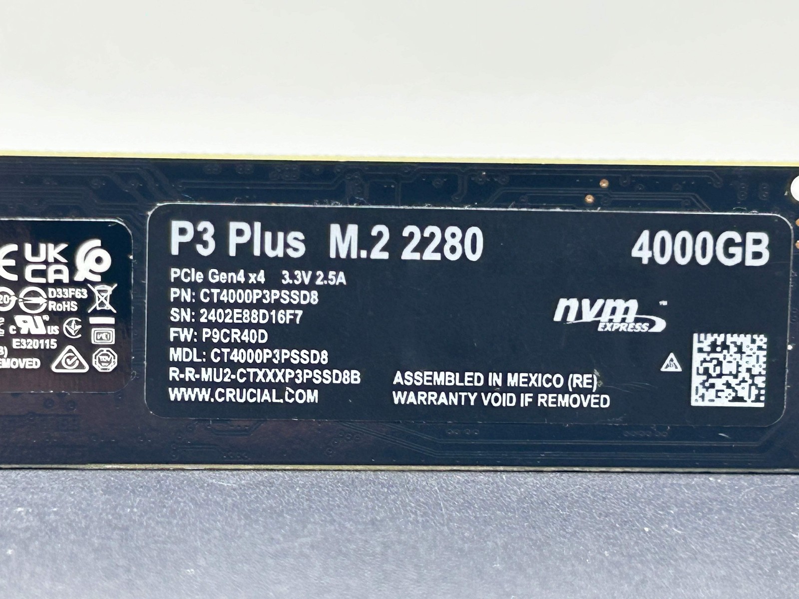Crucial P3 Plus (CT4000P3PSSD8) 4000GB (4TB) NVMe M.2 2280 SSD – 80% Health