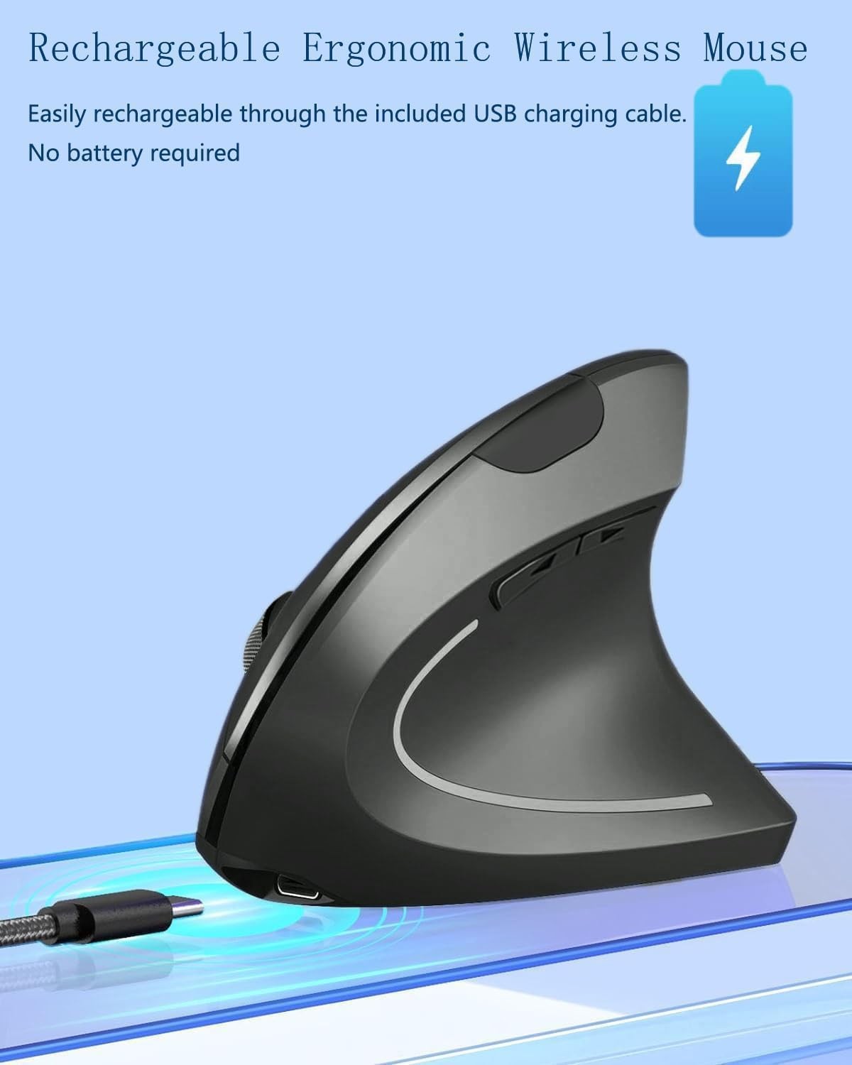 Rechargeable Ergonomic Wireless Mouse Silent Right Hand 800/1200/1600 DPI Blk