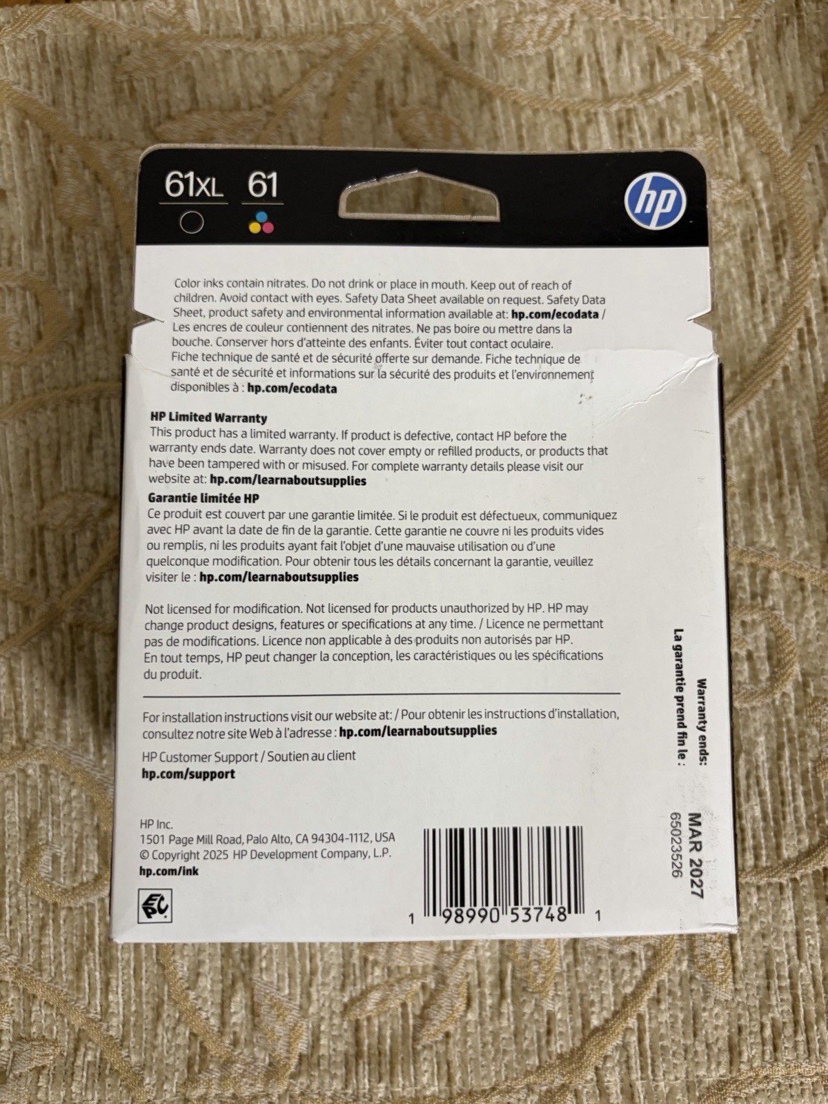 Genuine HP 61XL High Yield Black Ink & 61 Tri-Color CZ138FN Expires March 2027