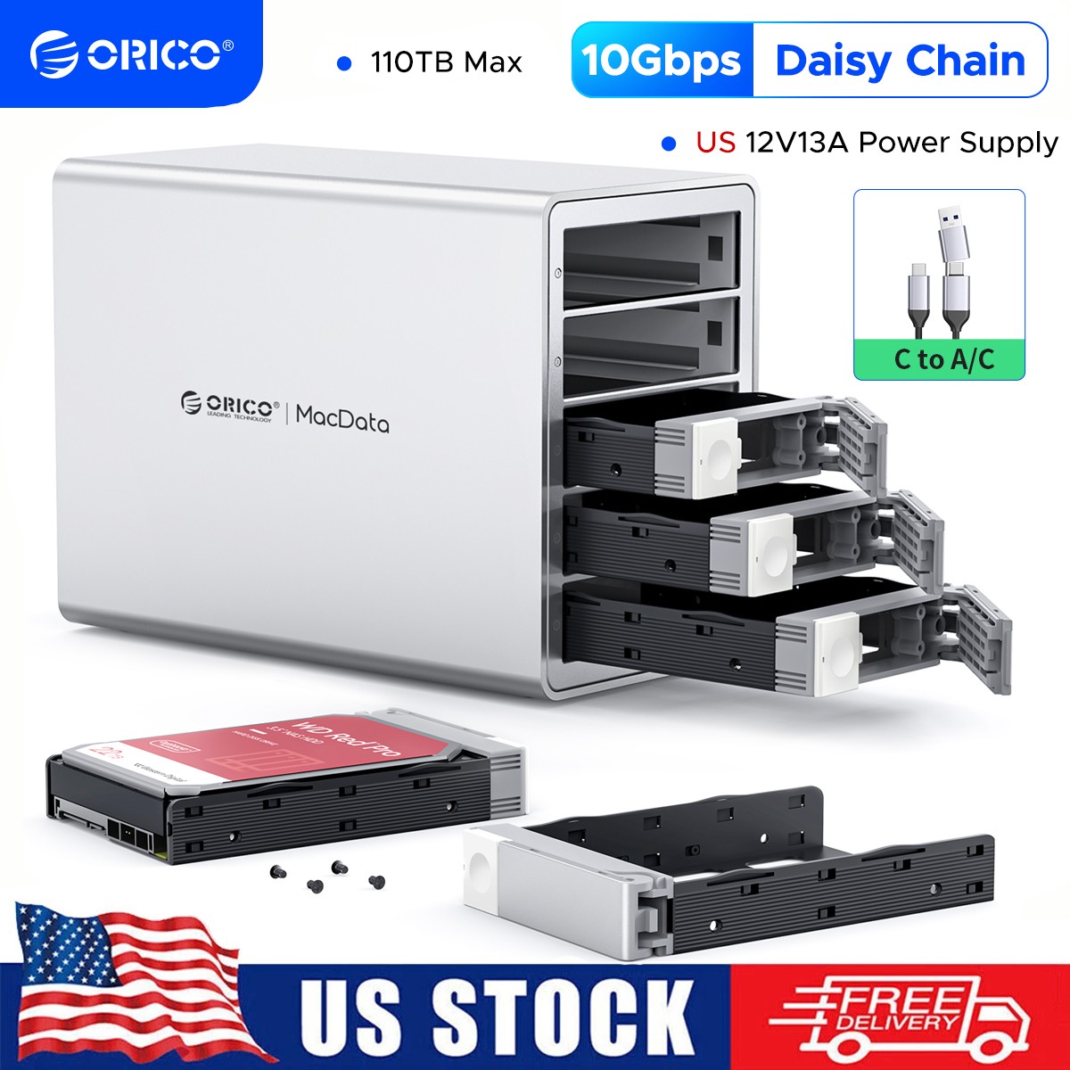 ORICO Daisy Chain 5 Bay Hard Drive Enclosure Alu Das 110TB for 3.5-inchs HDD Fan