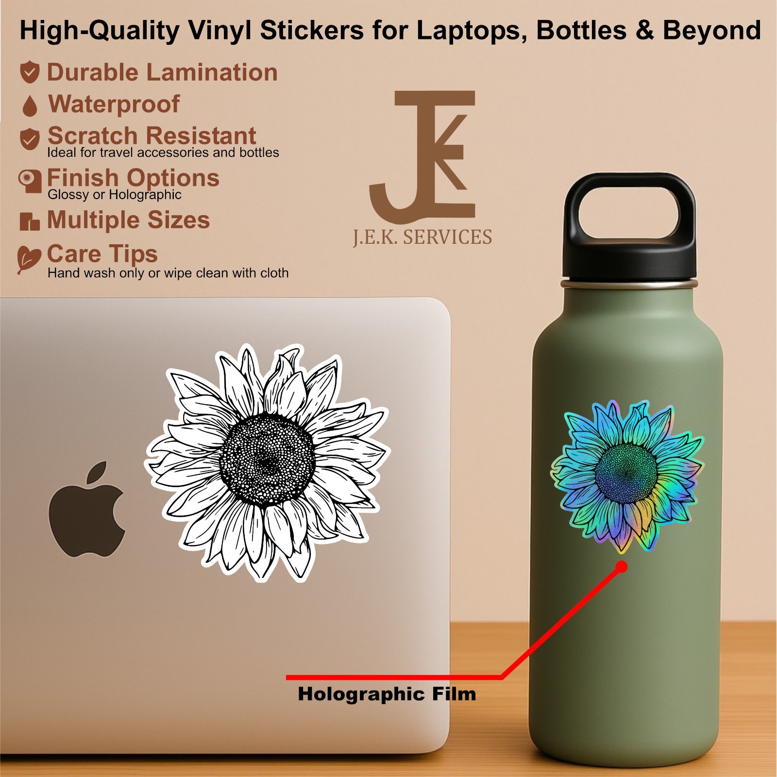 Black & White Sunflower Waterproof Sticker Decal for Water Bottles & Laptops