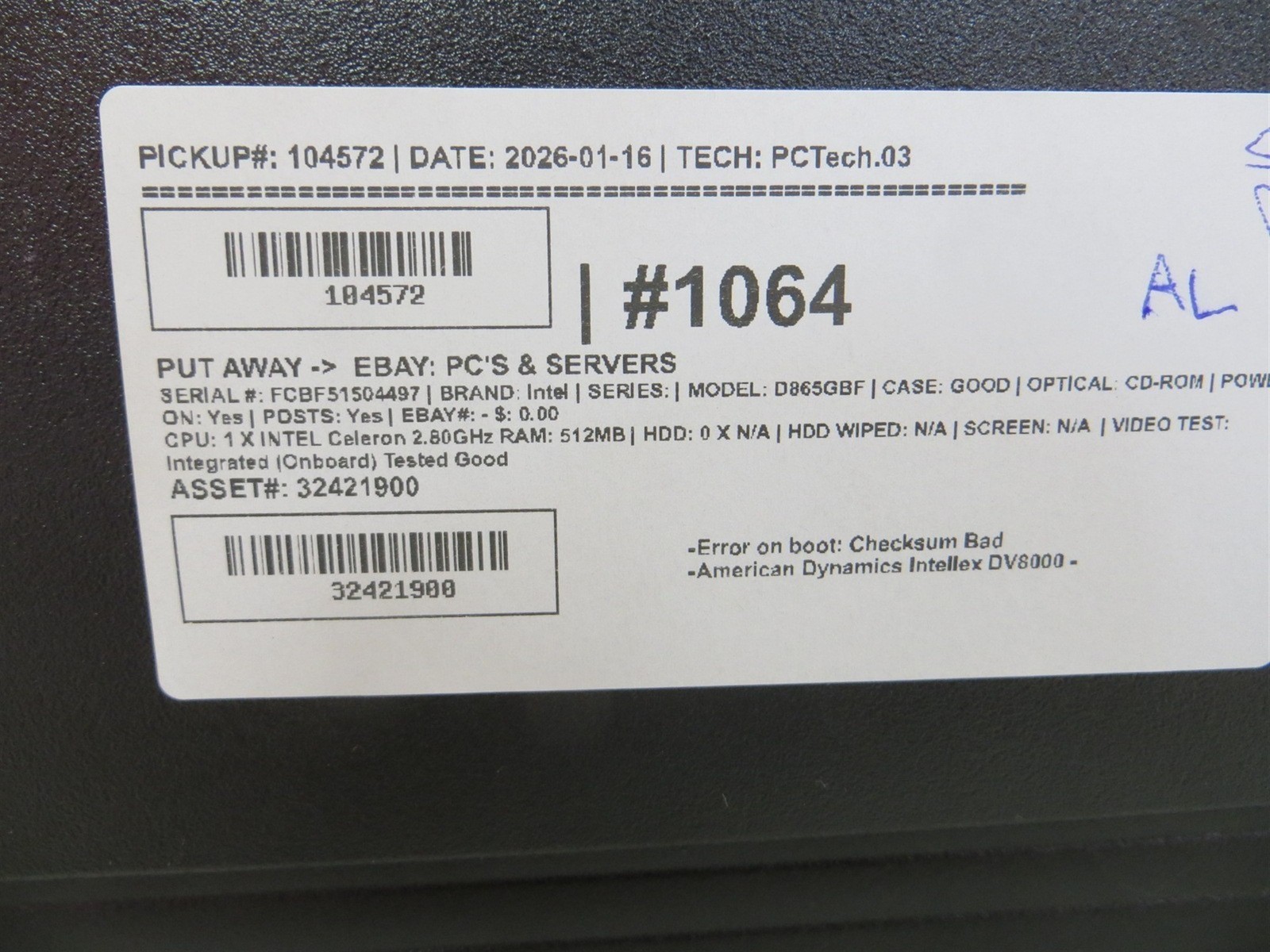 American Dynamics Intellex LT Intel D865GBF Celeron 2.8GHz 512MB 0HD