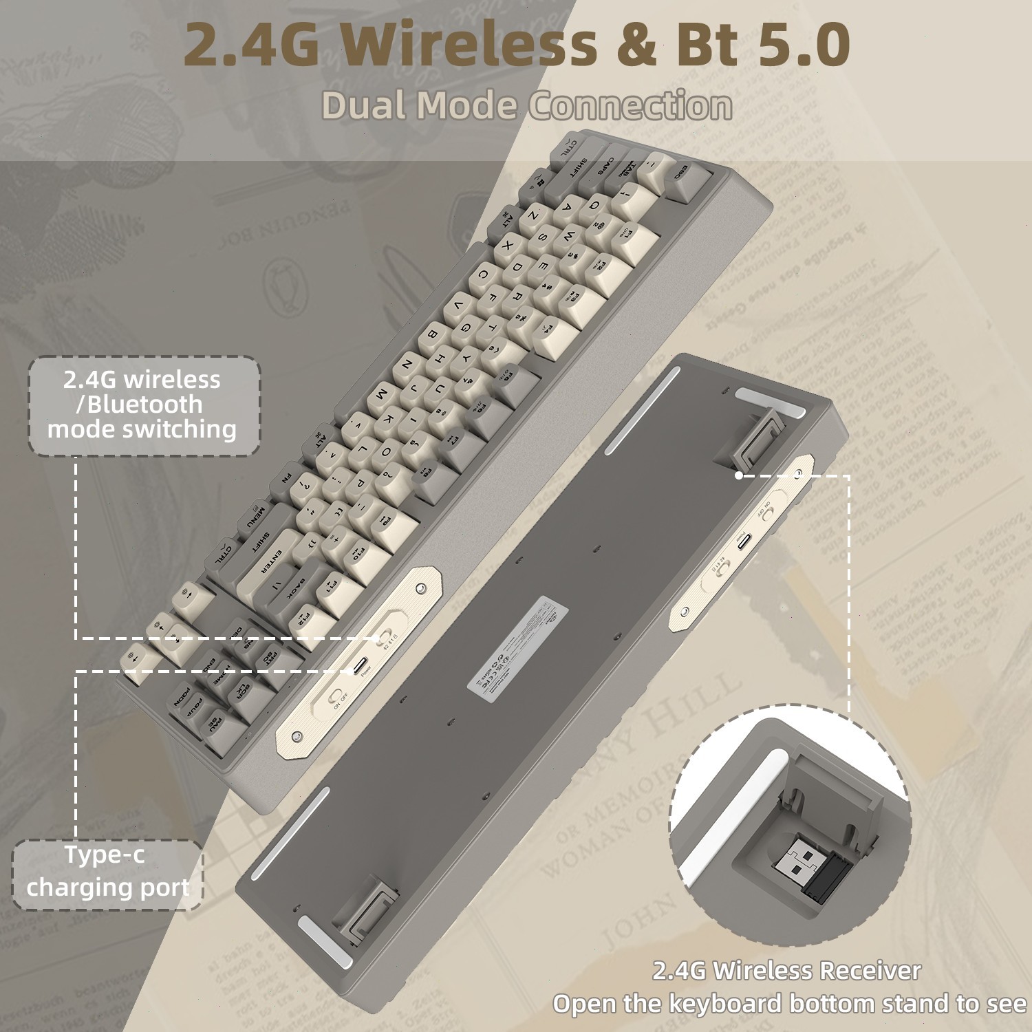80% TKL Wireless Membrane Gaming Keyboard Dual Mode Silent PBT Keys for PC Mac