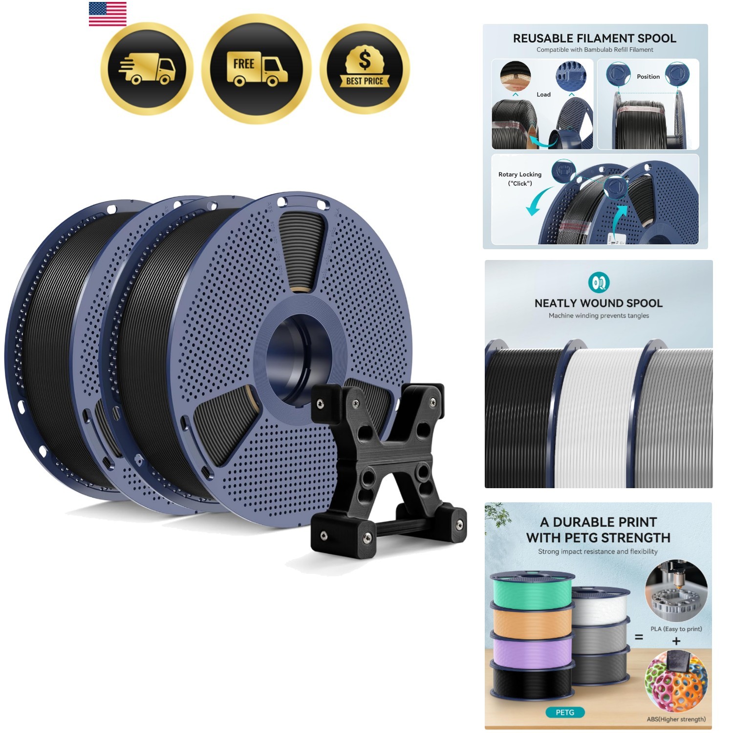 Official SUNLU PETG Filament 1.75mm, 2kg4.4lbs 3D Printer Filament Bundle, St…