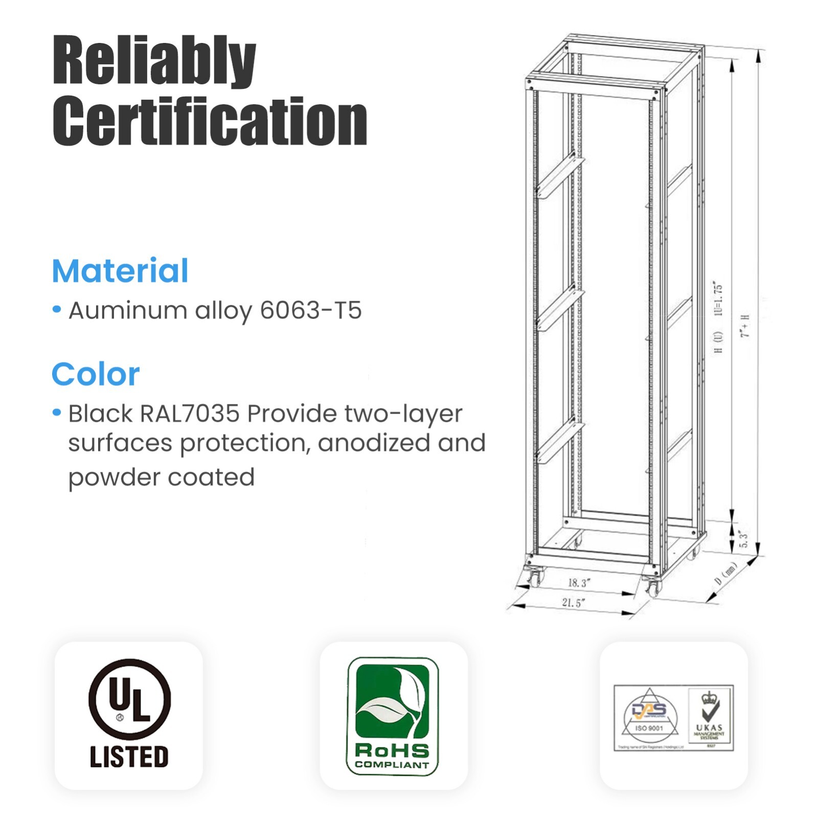 7FT 42U Open Frame Server Network Rack 17″ Deep 600MM 4 Post 3 paris L rails