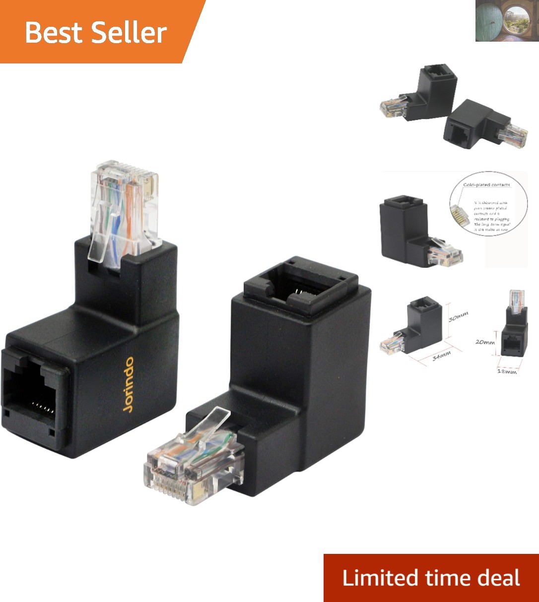 Gold-Plated 90 Degree RJ45 Ethernet Adapter – Compact 2-Pack (Cat5/Cat6)