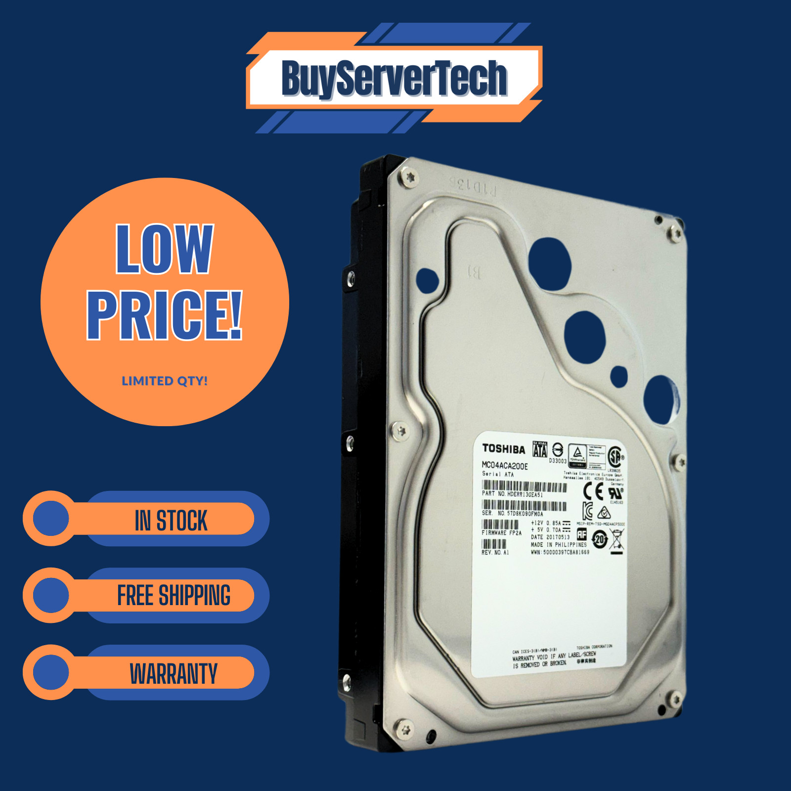 Toshiba MC04ACA 2TB 7200RPM 3.5″ SATA 6Gb/s HDD MC04ACA200E 128MB 0HRS ENT